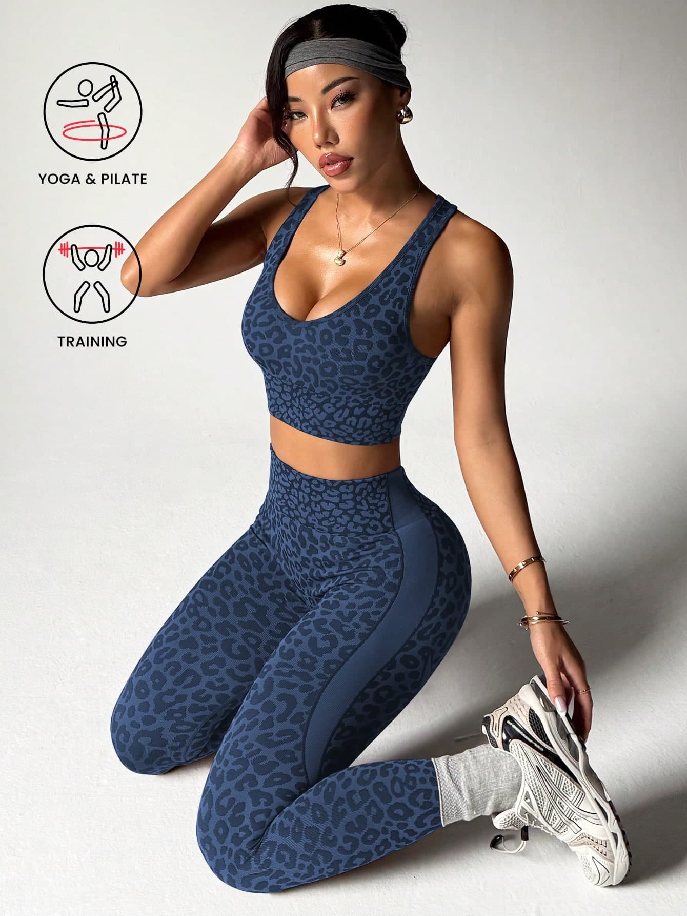 Slayform Slayform 1 Set Women's Leopard Print Twisted V-Neck Tank Top & Leggings Yoga Workout Running Sports Outfit