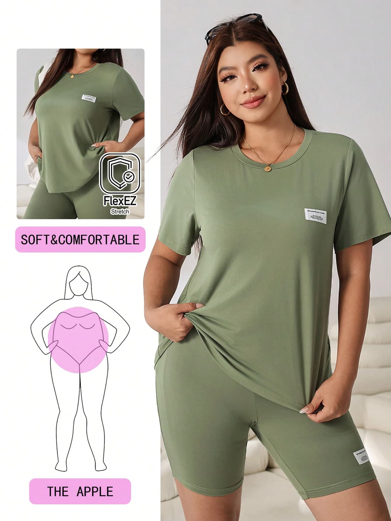 Solflare Women's Plus Size Simple Casual Denim Round Neck Short Sleeve Top And Shorts 2-Piece Set Club Formal Sage Green Summer
