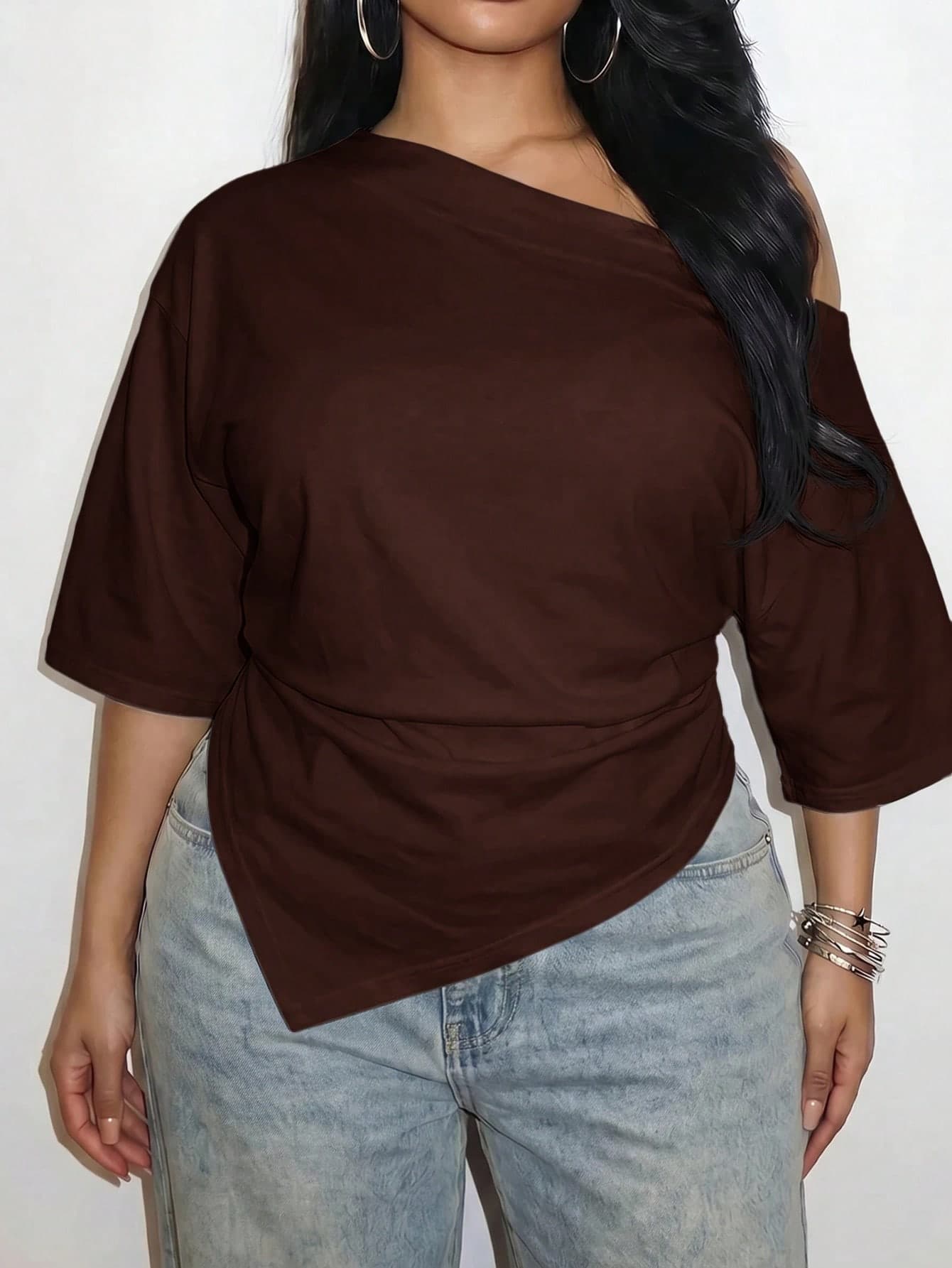 Slaydiva Plus Size Women Solid Color Pleated Casual Versatile Everyday T-Shirt Formal Chocolate Brown Summer