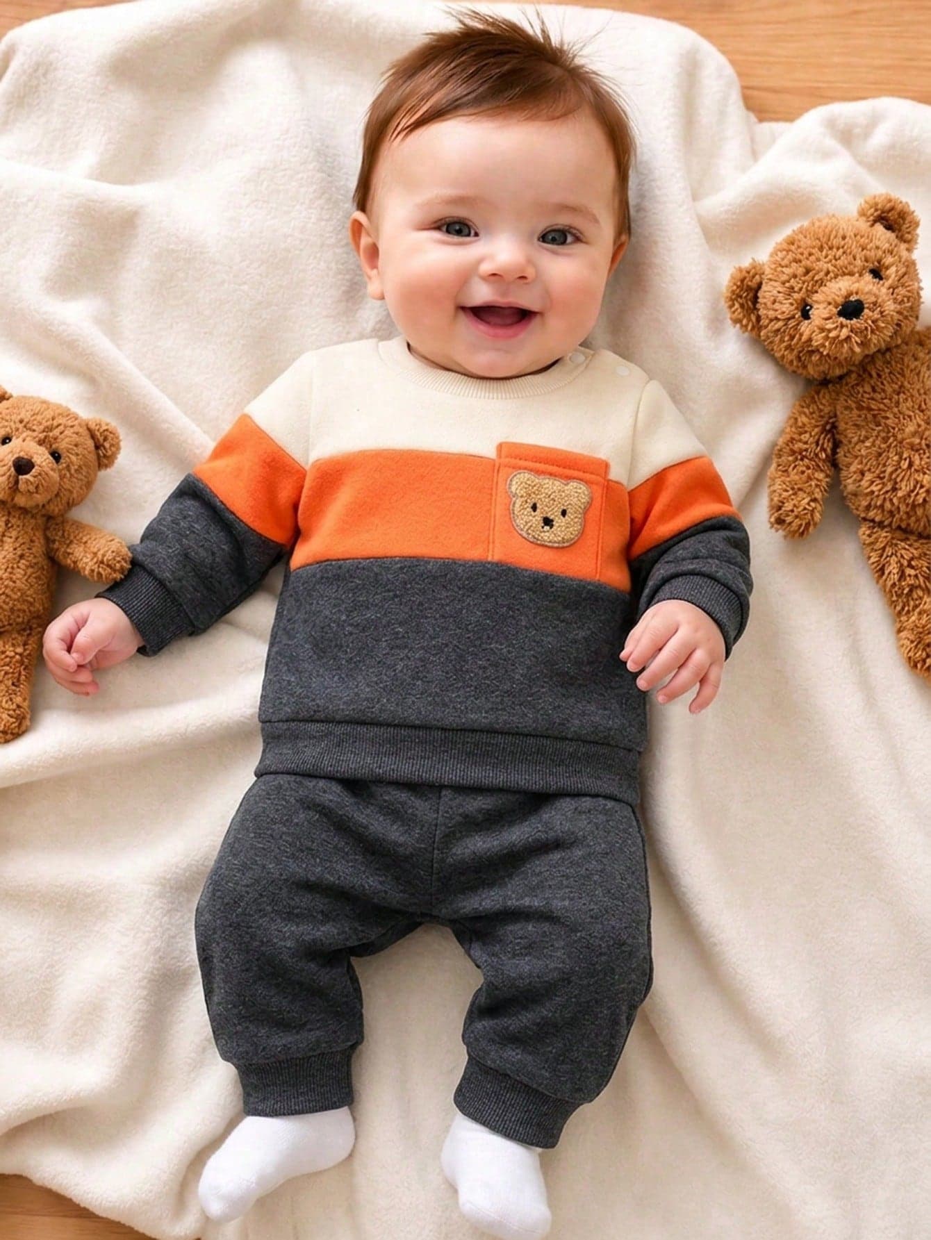 SHEIN Playful Pals 2pcs/Set Newborn Spring/Autumn Cream Orange Grey Colorblock Cute Casual Style Bear Patchwork Round Neck Long Sleeve Top & Cuffed Long Pants Set, Loose Comfortable Fit, Suitable For Daily Wear, Full Moon Party, Outdoor Play, Family Gathering, Photo Shoot