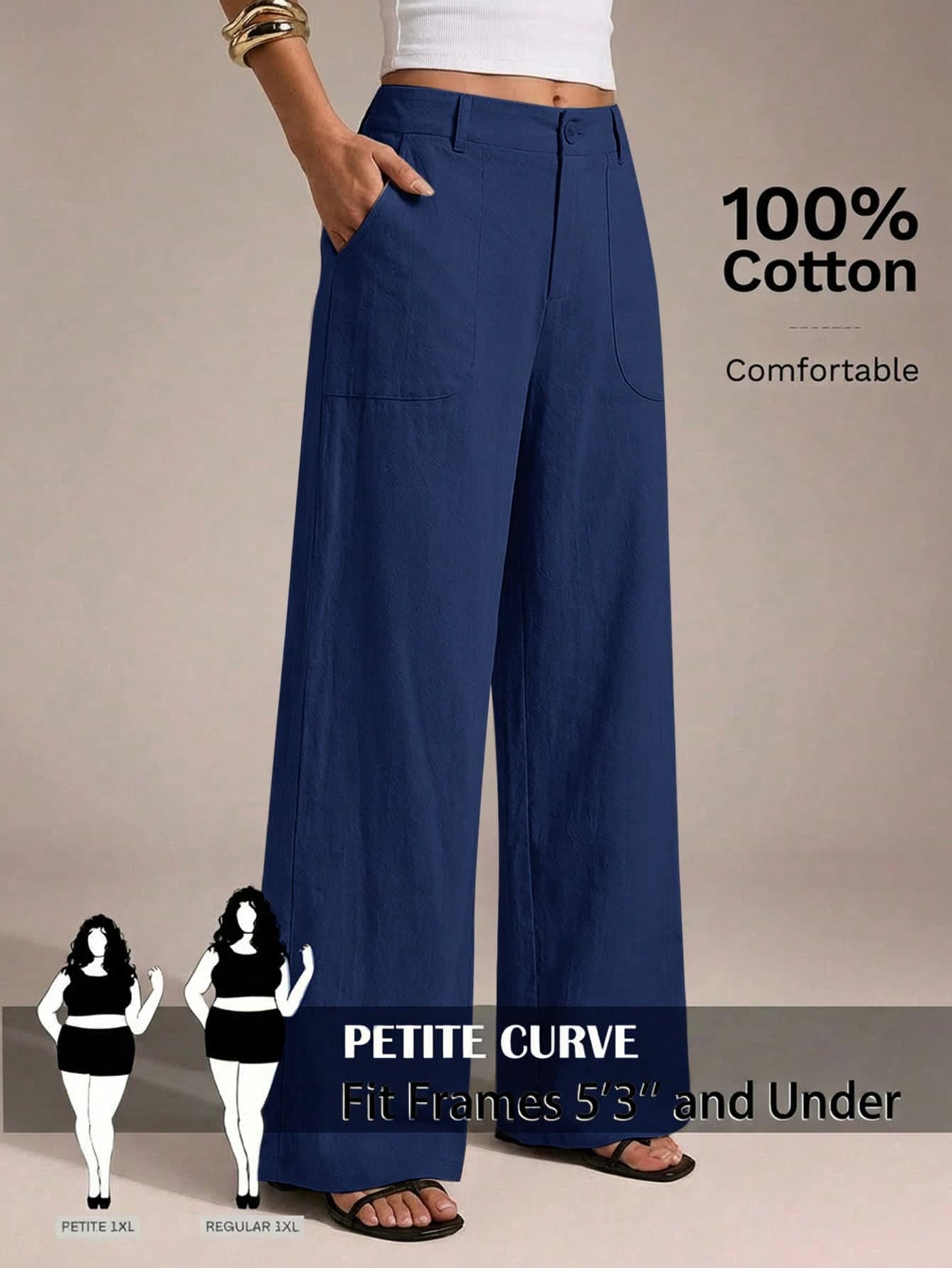 SHEIN PETITE CURVE Plus Size Women's Solid Color Pocket Wide Leg Loose Casual Long Pants Formal Vacation Navy Blue Autumn