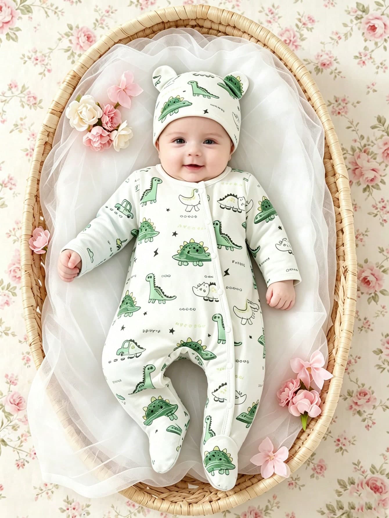 SHEIN 2pcs/Set Newborn Unisex Baby Cartoon Bear Print Long Sleeve Romper With Hat, Light Blue, Autumn, Cute Family Matching, Daily Wear, Birthday Photography