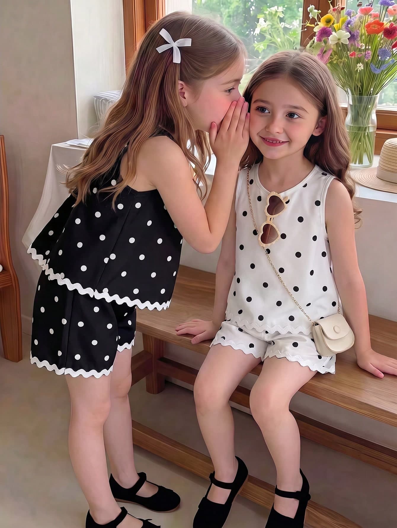 Souflis Souflis Young Girl' Polka Dot Tank & Shorts 2-Piece Set,Casual Sleeveless Summer Outfit With Wavy Trim,Graphic Print Summer Sets,Beachweekend Utilitarian Chic