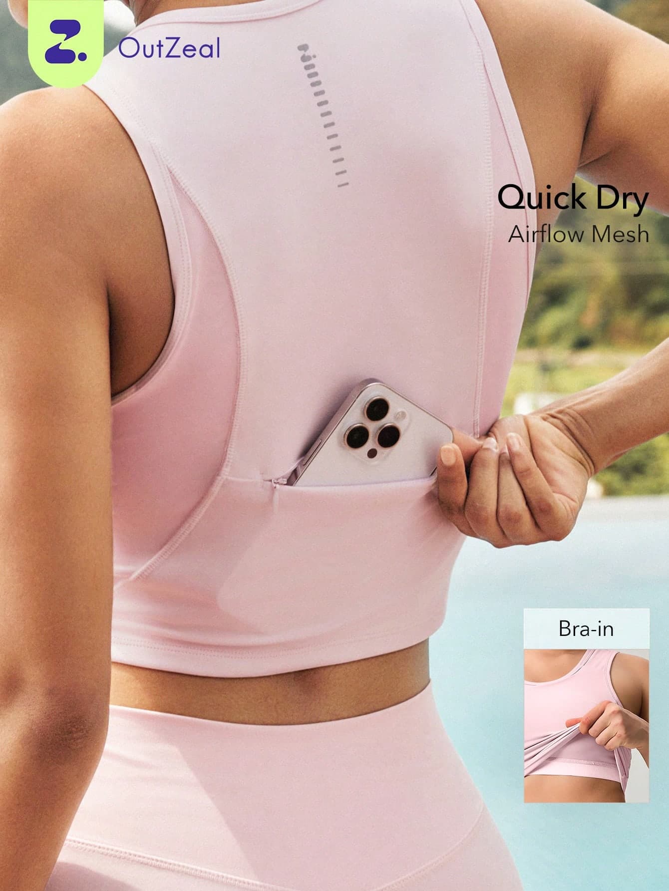 OutZeal Gym Top Women Sports Pink Bra Gym Workout Quick Dry Mesh Panel With Pocket Summer Tee Tank Active Top