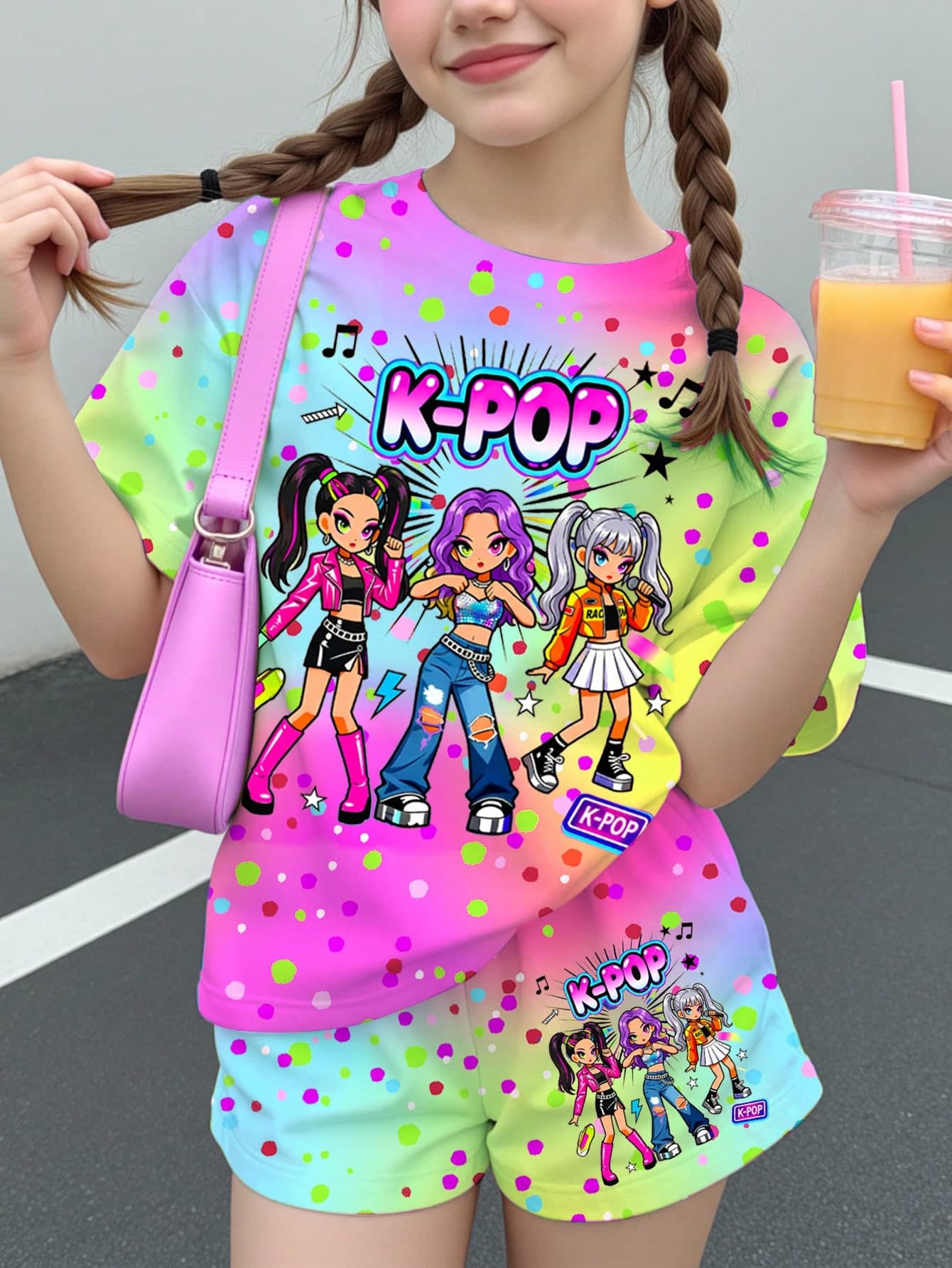 Kids Young Girl Casual Minimalist Cartoon Girl Group Print Short Sleeve T-Shirt And Shorts 2-Piece Set, Suitable For Summer