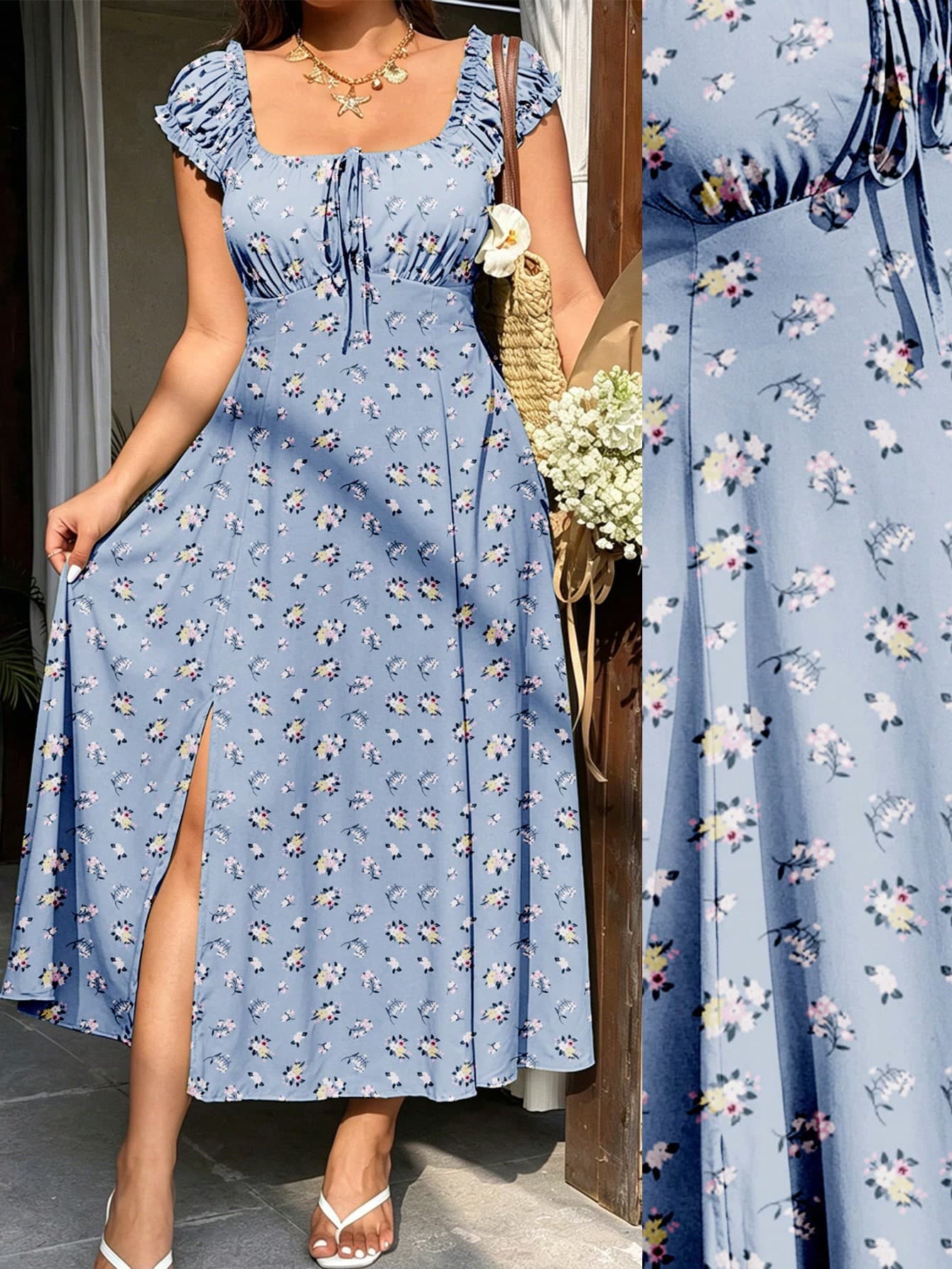 Sunnyshic Ditsy Floral French Square Neck Vacation Slit Dress