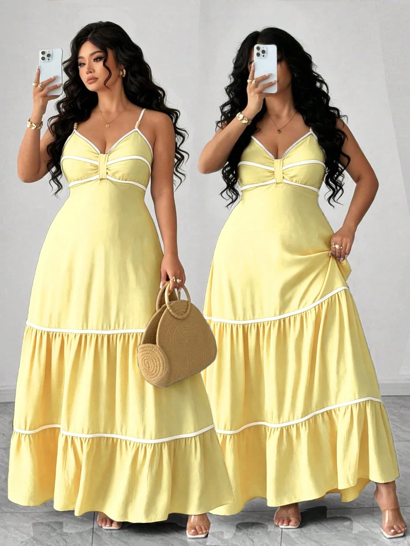 Elenzga Plus Size Women's Summer New Black & White Color Block Vacation Style French Vintage Sexy Waist-Cinching Slimming Wooden Bead Decor Shoulder Strap Design Maxi Dress. Suitable For: Vacation Travel, Casual Wear, Light Social Occasions, Dating, Formal Events, Small Evening Parties, Small Gatherings, Friends Get-Togethers