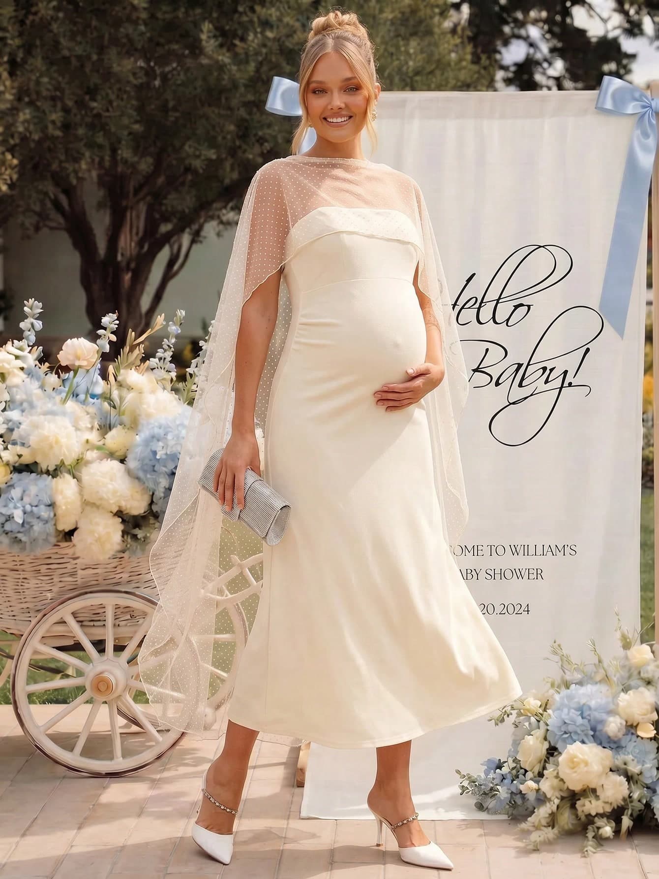 Loomaby Maternity Solid Color Bandeau Dress And Mesh Shawl Top  2 Pieces Set,Gender Reveal Dress,Maternity Dress,Baby Shower Dress,Party,Wedding,Birthday