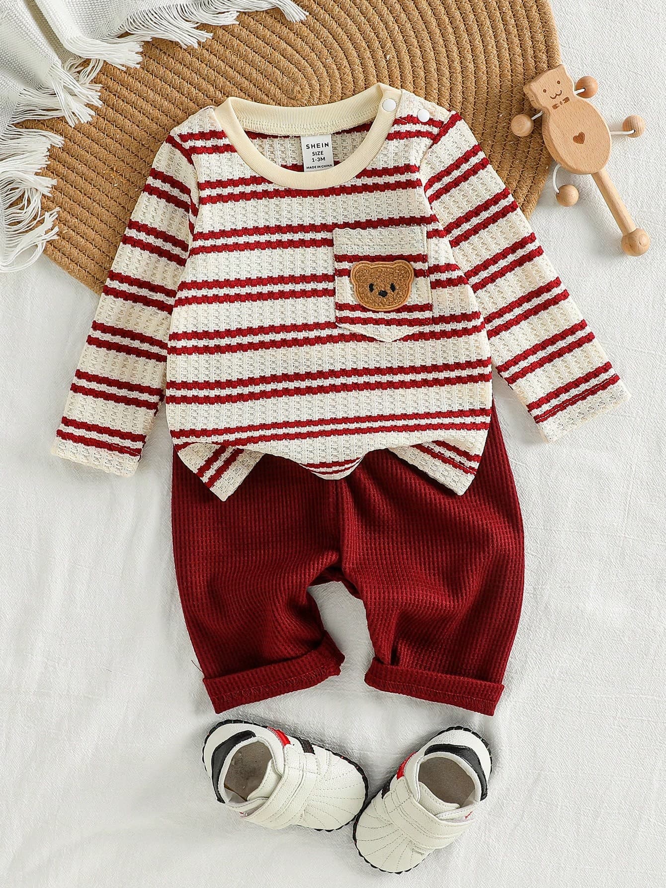 SHEIN Infant Baby Boy Waffle Knit Stripe Set Bear Chest Pocket Top Casual Basic 0-12M