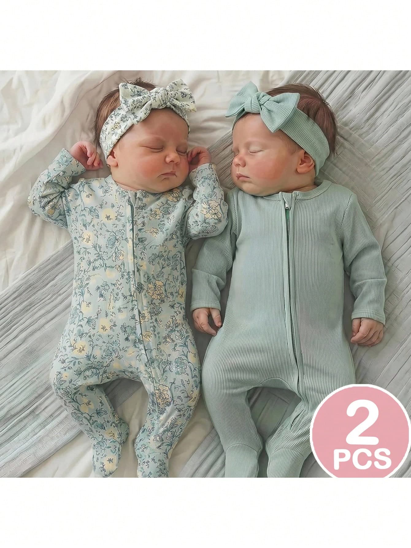 SHEIN Cute Unisex Newborn Baby Ribbed Zipper Pajamas,Sage Green Floral Print Soft Footed Sleepwear For Infants,Autumn Family Matching Footed Sleepsuit