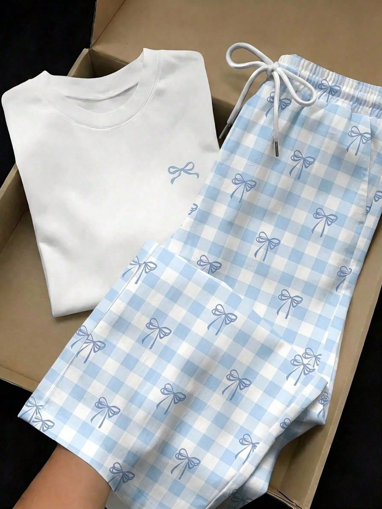 Attitoon 2pcs Set Embroidered Round Neck Short Sleeve Top And Striped Print Pants, Casual