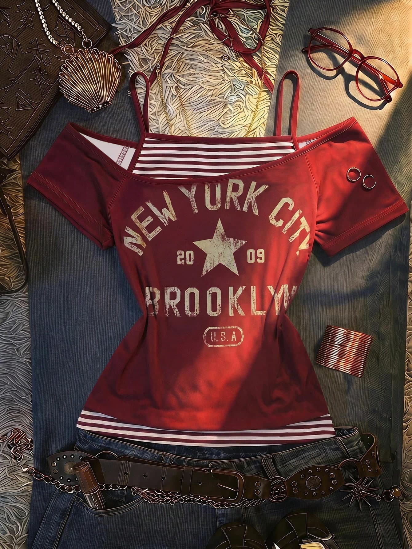Tween Girls Burgundy Striped Colorblock Letter Print Asymmetrical Shoulder 2 In 1 Camisole T-Shirt, Spring Summer Soft Versatile Short Sleeve Top, Kids Summer Loose Casual, Comfortable, Everyday Wear, Cool Summer Series