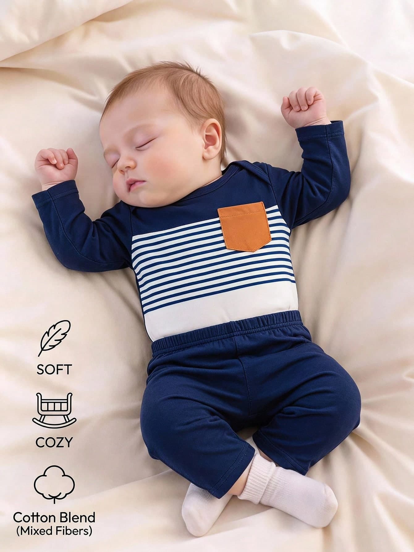 Souflis Souflis 2pcs Newborn Infant Toddler Baby Boy Clothes Chic Stylish Striped Long Sleeve Soft 2 Piece Sets Bodysuit Top And Pants Outfit Daily Vacation Summer