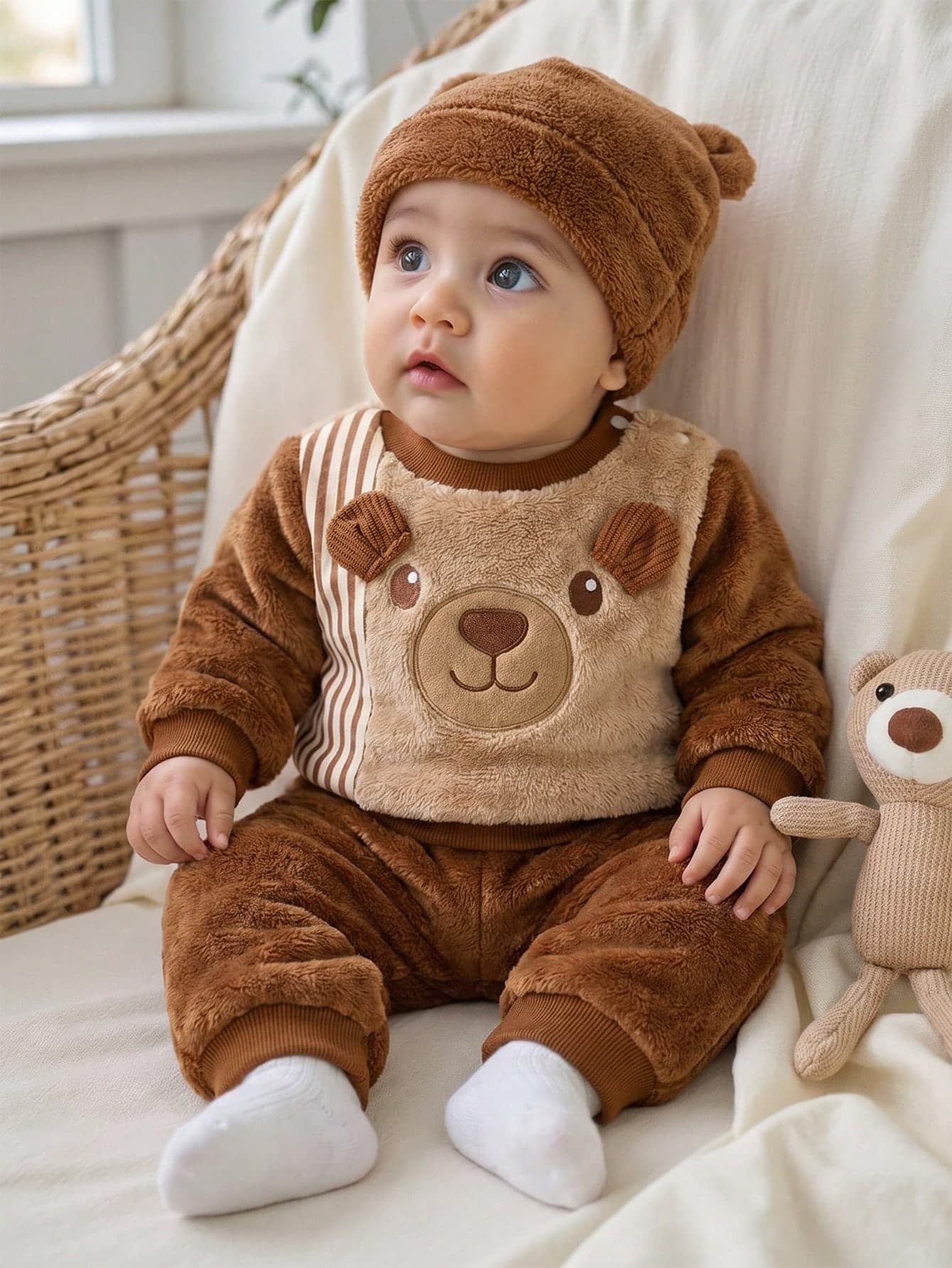 SHEIN Infant/Toddler Cute Bear Plush Set, Winter Thermal Lined Thick Outdoor Two-Piece Coral Thermal Winter Style