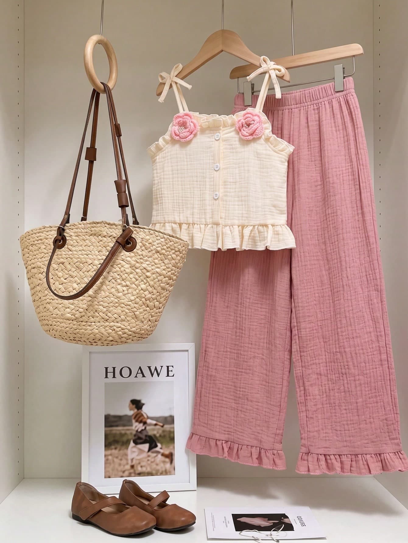 Elladie kids 2pcs/Set Toddler Girl 100% Cotton Ruffle Collar Floral Camisole Top And Loose Fit Pant, Matching Family Holiday Countryside Casual Sweet Kids Outfits