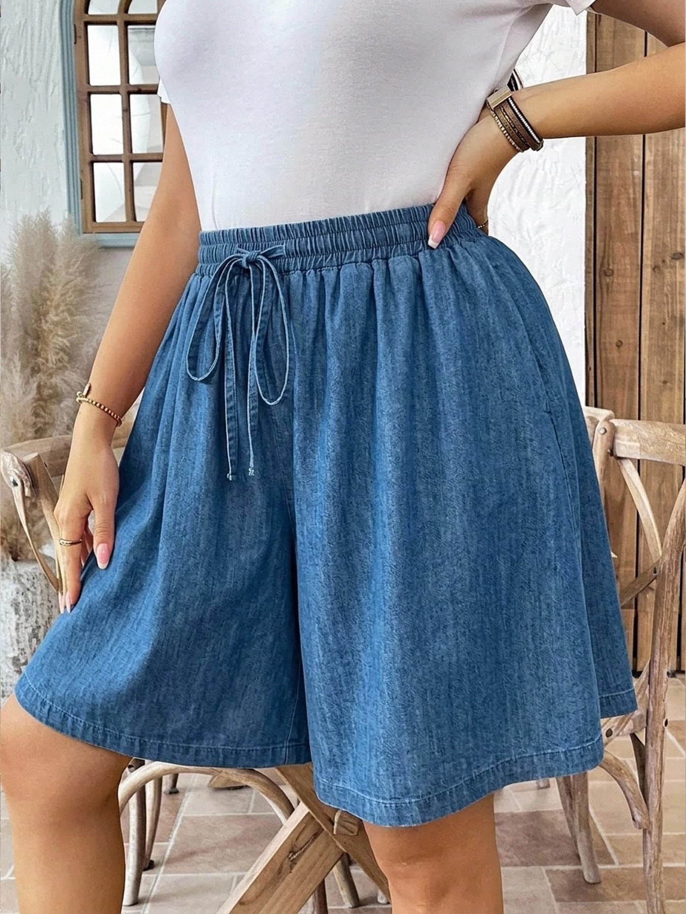 Comfylo Plus Size Women's Textured Fabric Wide Leg Casual Loose Shorts, Blue Wide Leg Shorts, Elastic Waist Shorts, Black Skirt Shorts, Casual Shorts, Elastic Waist Shorts, Women's Autumn Clothing