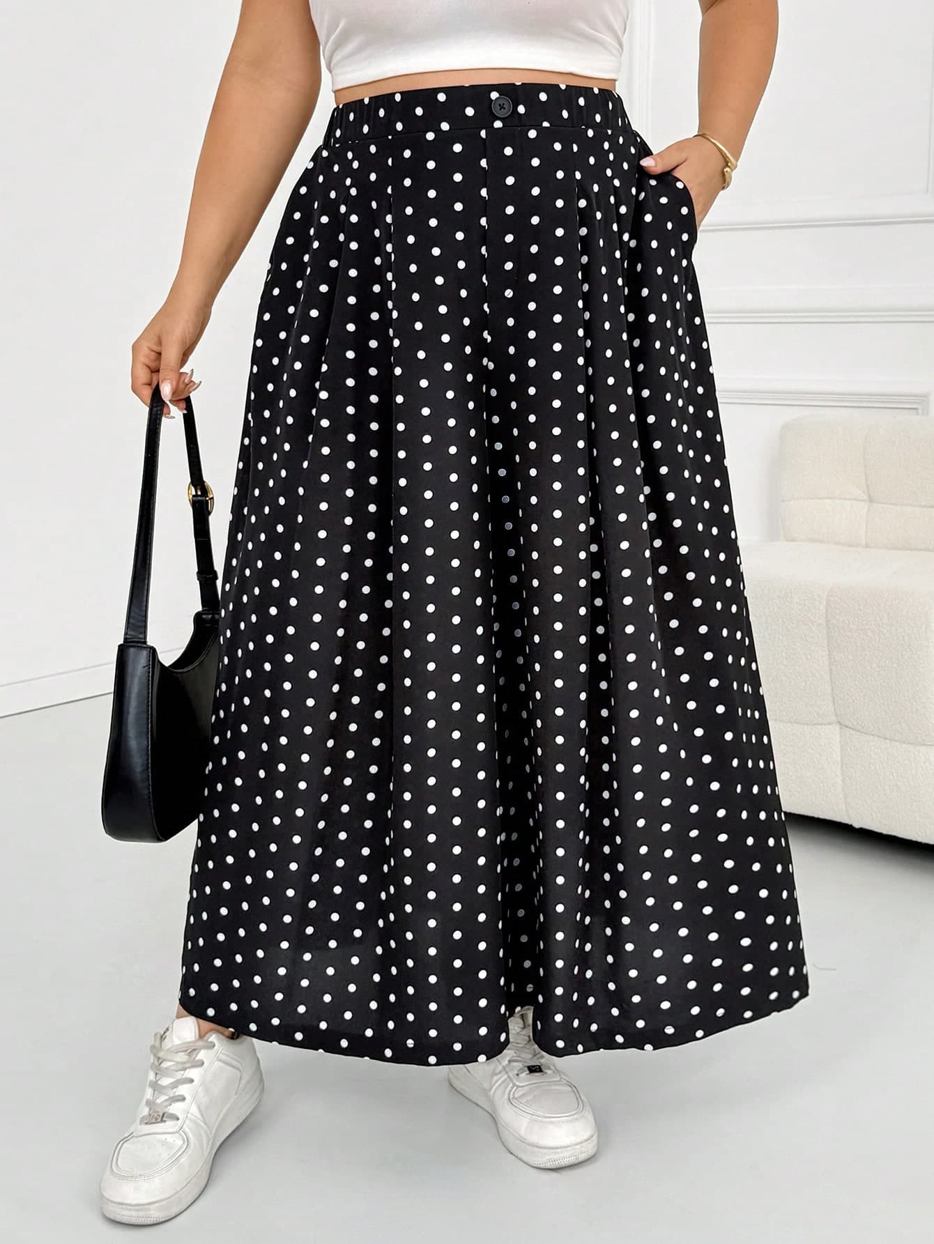 SHEIN CURVE+ Plus Size Women's Spring/Summer Fashion Casual Loose Comfortable Everyday Versatile Slimming Elastic Waist Pleated Apricot Pants/Skirt, Plus Size Women's Bottoms, Summer Set, Work Pants, Minimalist Style, Plus Size Apricot Wide Leg Pants