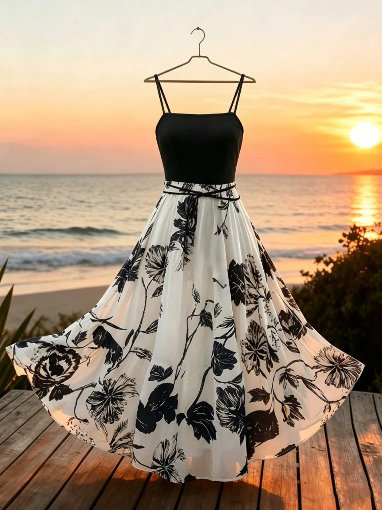 Franclia Plus Size Women's Elegant Floral Print Spaghetti Strap Vacation Dress