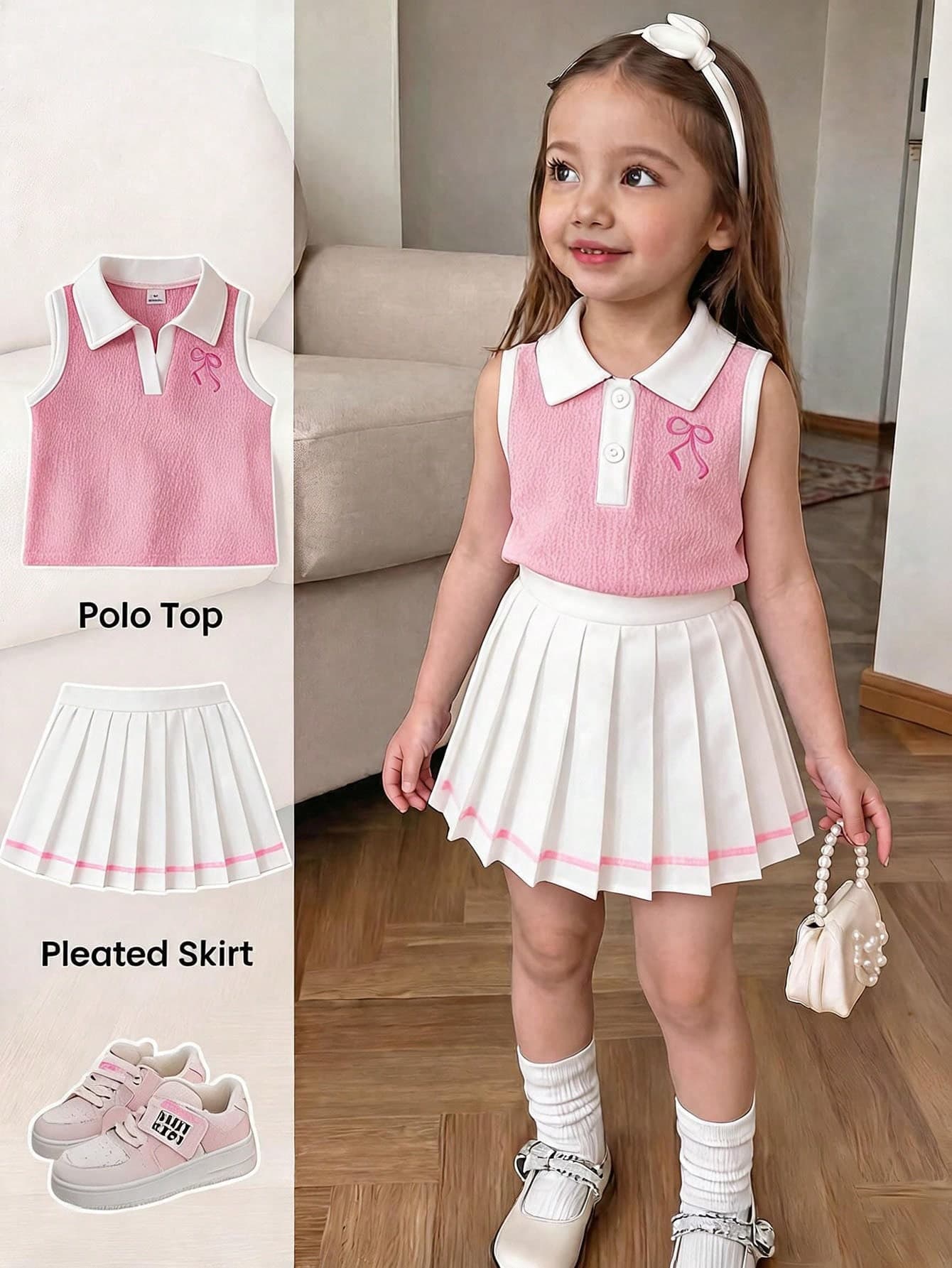 Elladie kids Girls 2pcs Set Preppy Style Bow Embroidery Back To School Season Turn-Up Collar Sleeveless Vest Top And Webbing Trim Pleated Skirt Suitable For Summer