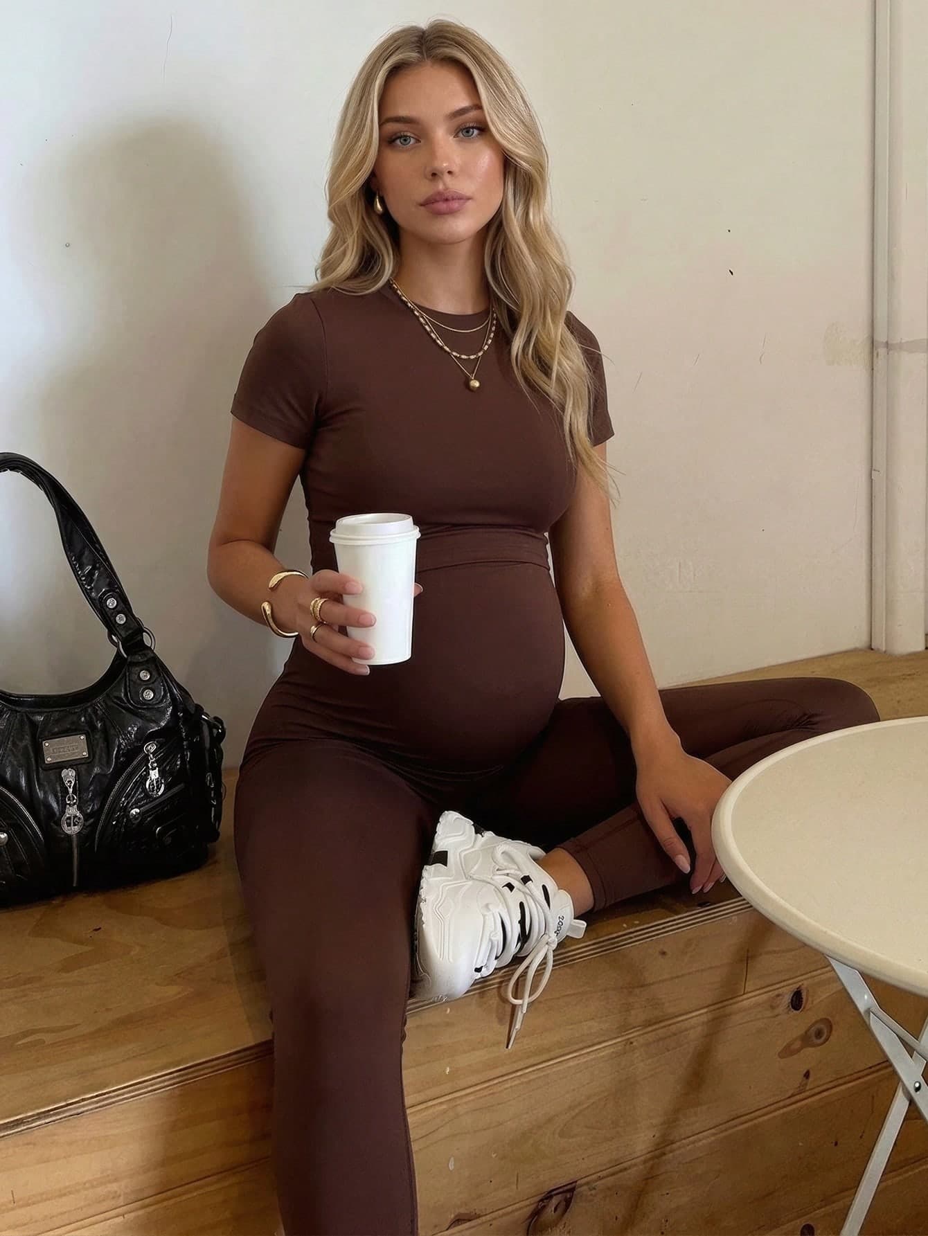 SHEIN Maternity Short Sleeve Top And Long Pants Sports Set