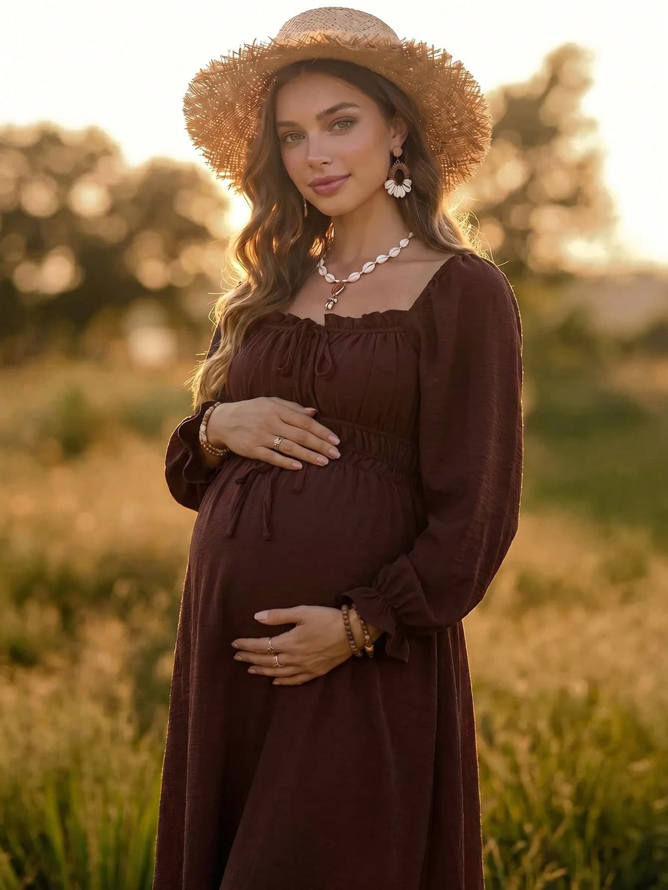 Boho Mama Brown Maternity Dress With Front-Center Lace-Up Waist – Casual Style For Daily Wear Or Vacation (Autumn) Country Style For Women