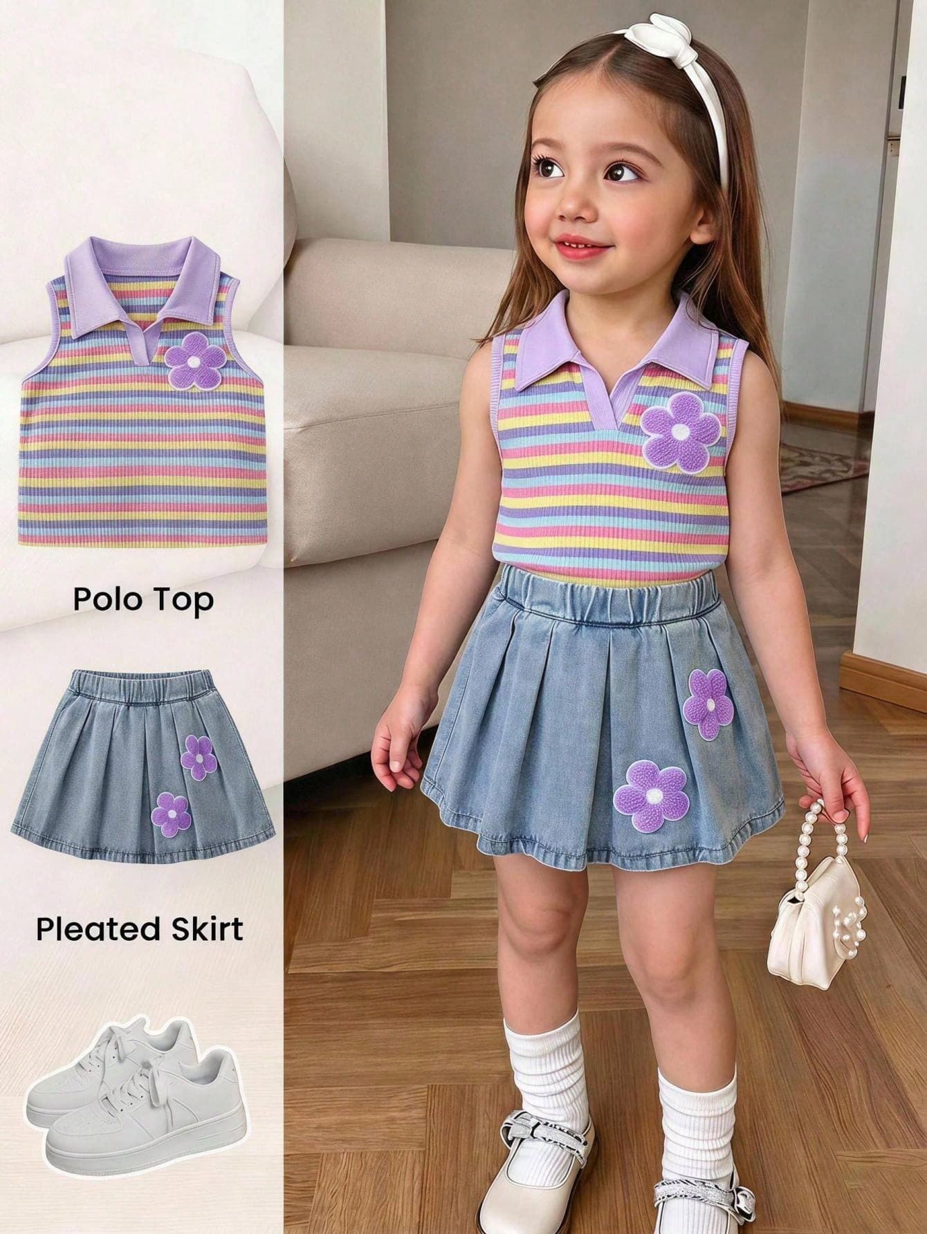 Elladie kids Young Girls Tank Top Set, Summer New Arrival, Casual Cute Fun Style, Purple Ribbed Small Collar Patchwork Colorful Striped Fabric Tank Top, V-Neck, Purple Crochet Flower, Paired With Light Color Vintage Denim Light Blue, Elastic Waist Design, Purple 3D Crochet Flower On Waist, Slim Fit Set, Soft And Comfortable Fabric, Versatile Fashion Style For Daily Wear, Suitable For Summer Vacation, Music Festival, Party, Gathering And Other Occasions, Summer Vacation New Arrival Girls Set