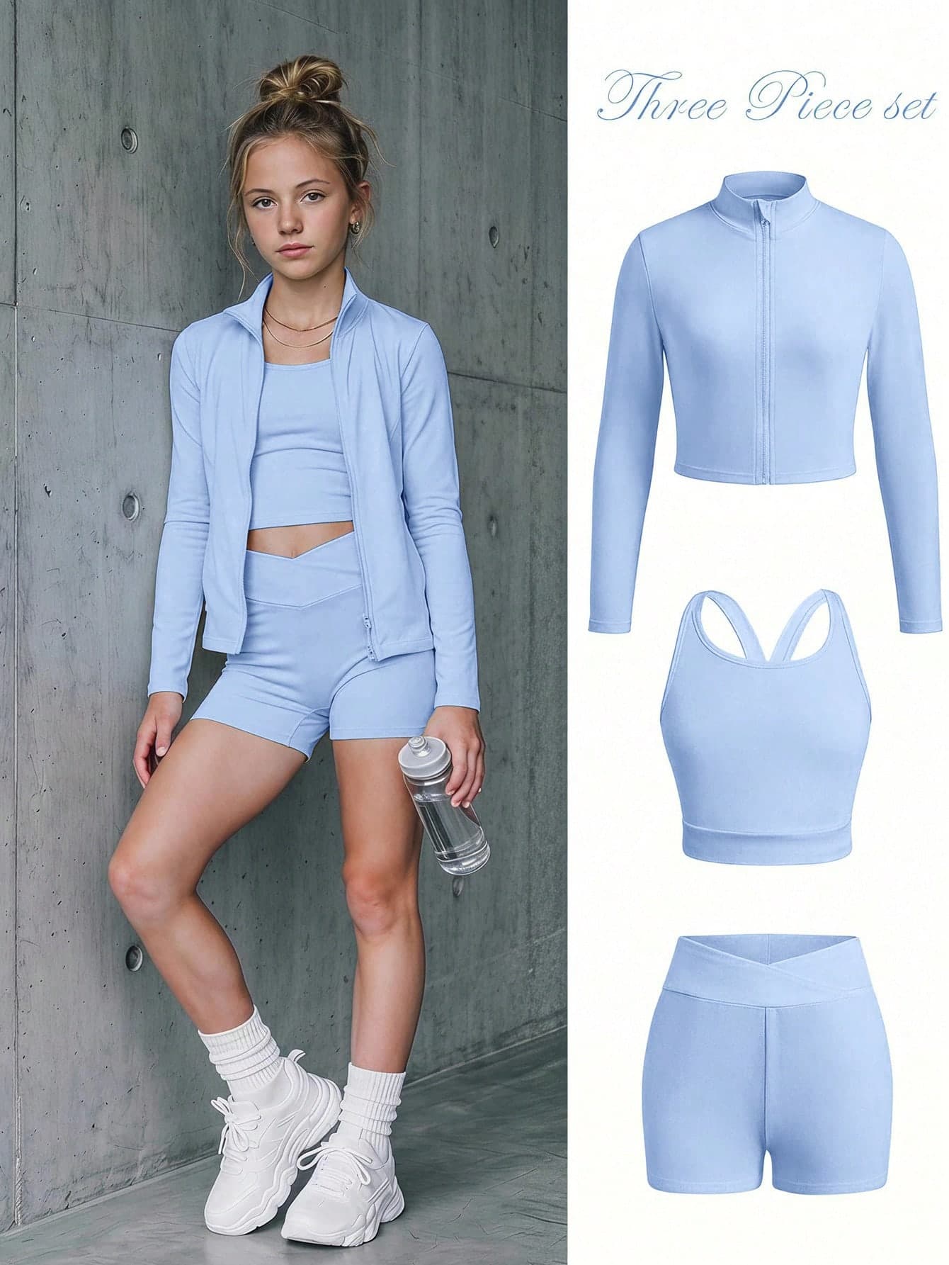SHEIN Tween Girl Tween Girl Tween Girl Activewear 3 Pieces Set, Blue Knit Long Sleeve Stand Collar Zip-Up Jacket, Vest, Cycling Leggings