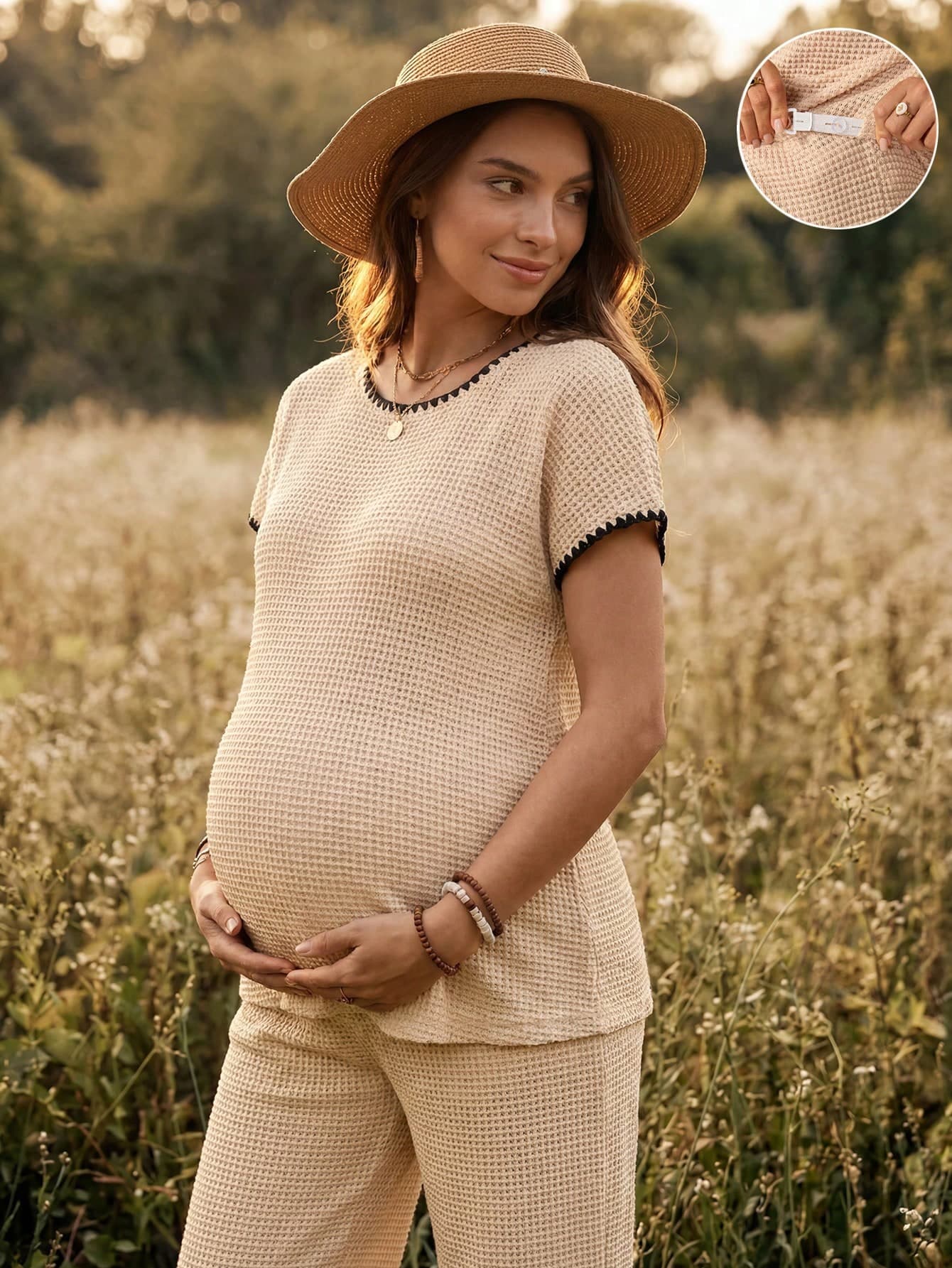 Boho Mama Khaki Wide-Shoulder Top & Adjustable-Waist Elastic Pants Set – Casual Maternity Two-Piece Set For Daily Wear Or Vacation