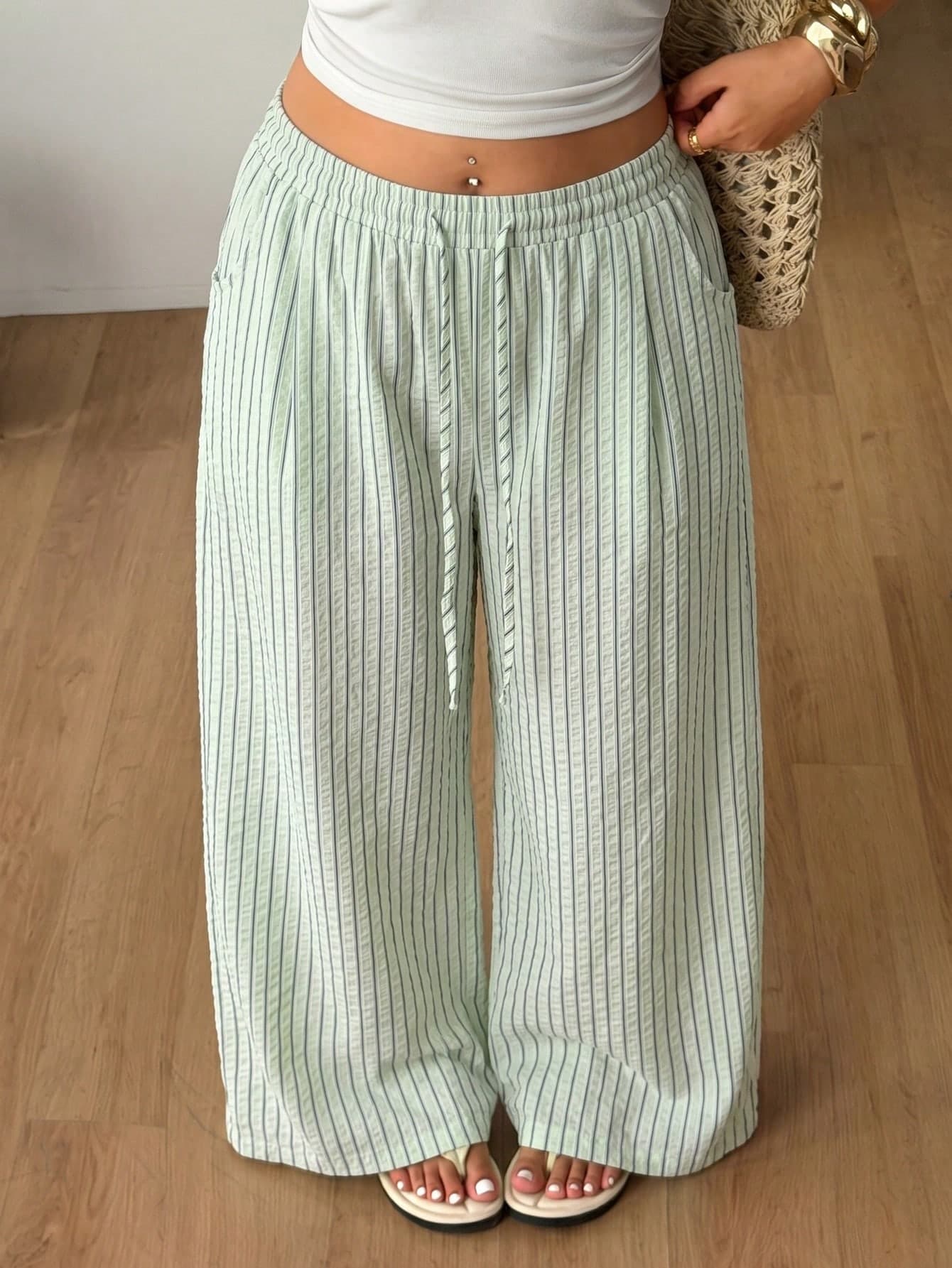 Coolane Women's Plus Size Summer Autumn Vacation Holiday Casual Boho Oversized Drawstring Waist Light Green Striped Loose High-Waist Pants Fall Vacation