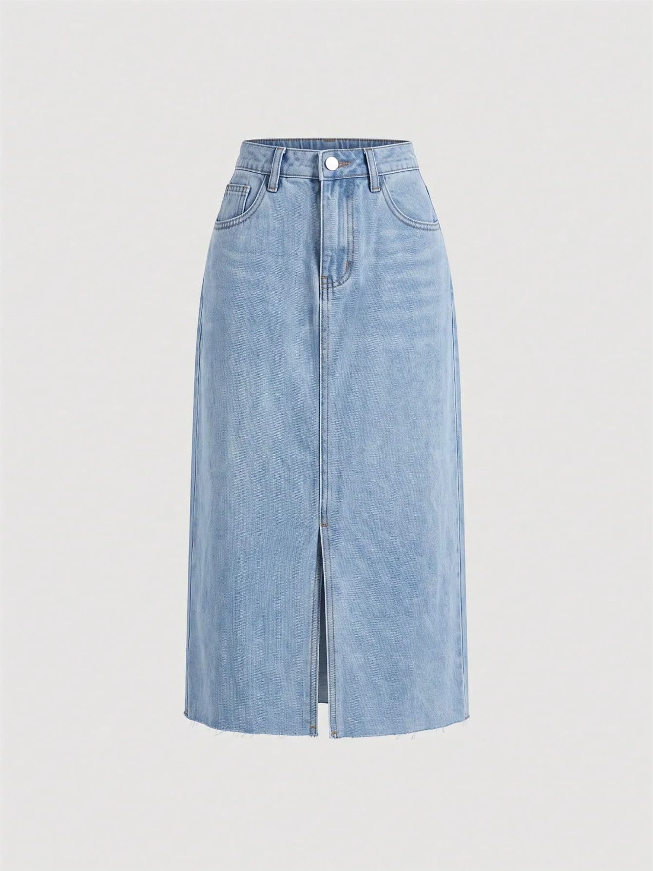 SHEIN Girlism Teen Girl Fashion Versatile Button Pocket Front Slit Denim Skirt