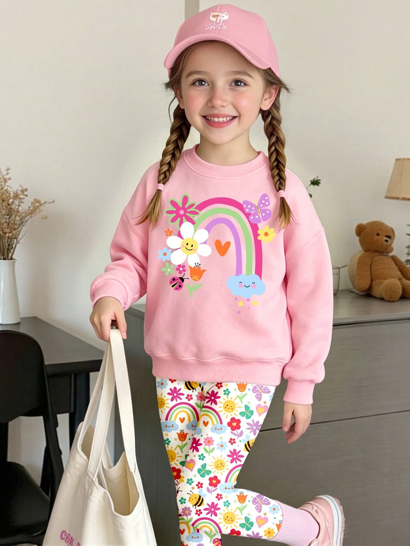 Autumn/Winter Girls Creative Fresh Rainbow Floral Bow Basic Crew Neck Sweatshirt & Leggings 2 Pieces Set, Warm & Comfortable Cute Outfit