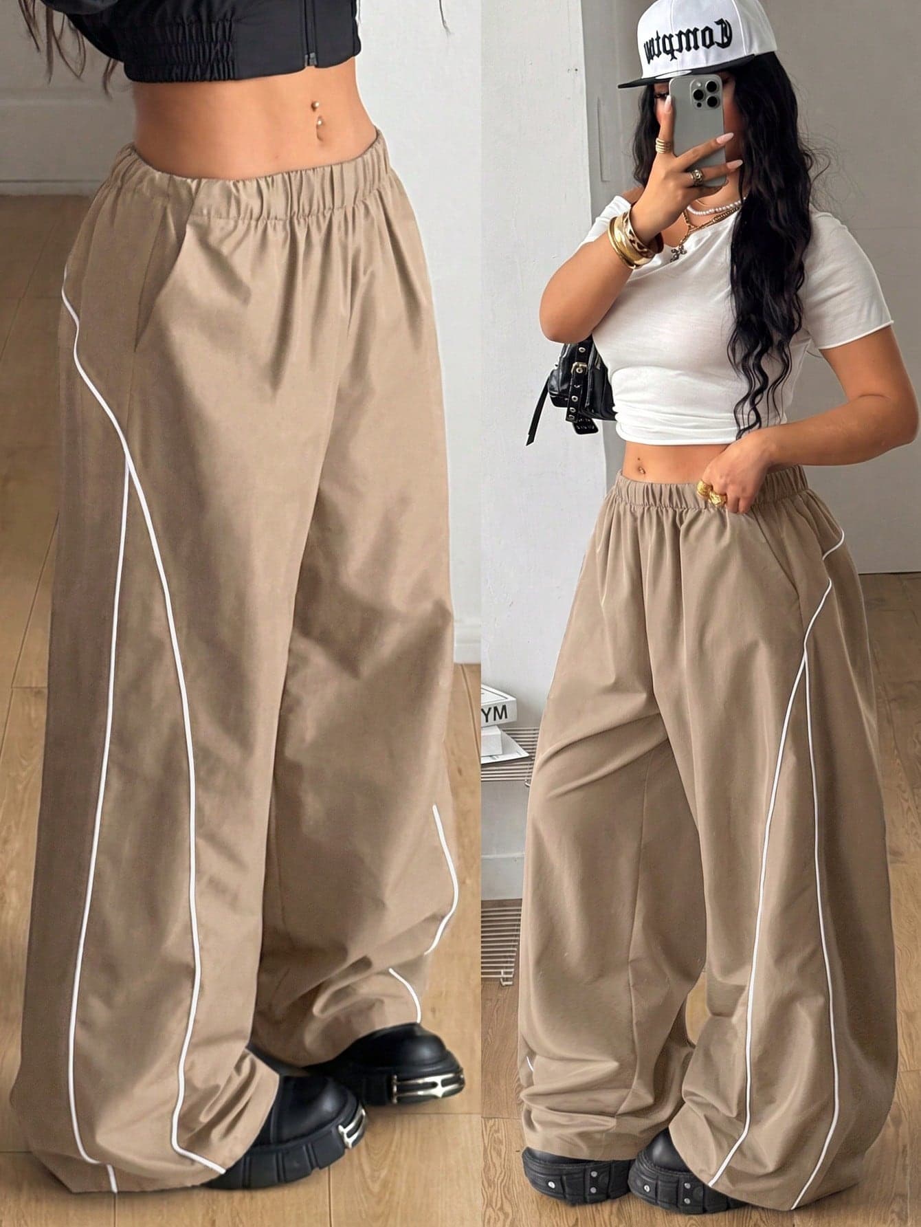 Coolane Women's & Men's Plus Size Casual Y2k Streetwear  Vintage Sport Elastic Waist Straight Leg Loose Khaki Pants