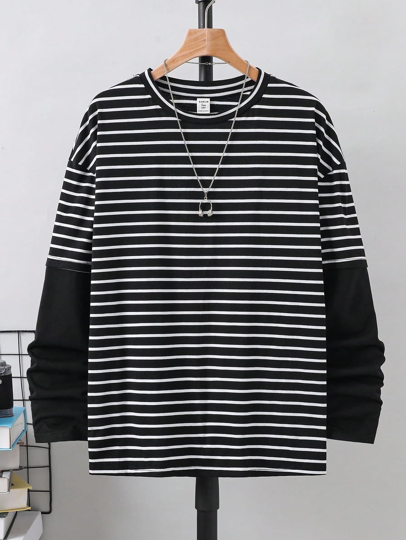 SHEIN Teen Boys Casual Comfortable Versatile Striped Colorblock Patchwork Sleeve Long Sleeve Top