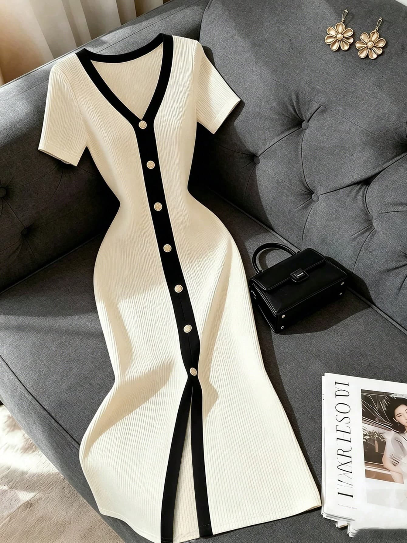 Franclia French Style Elegant Black And White Knit Dress For Summer Work,V-Neck Button Placket Slit Hem Ribbed Silhouette,Classic Color Blocking Trap Dress