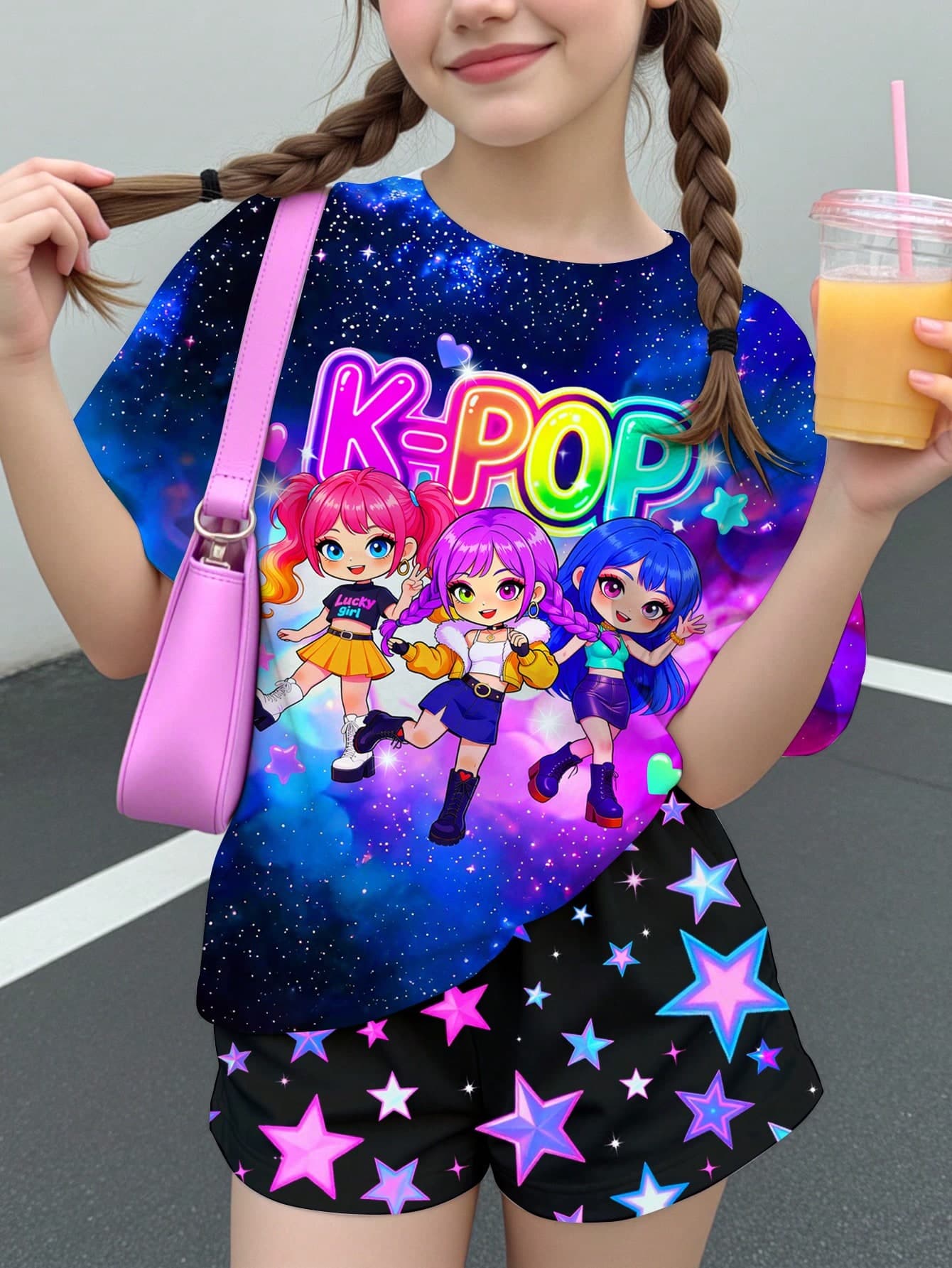 Young Girl Cartoon Girl Group Print, K-Pop Superstars , Tie-Dye, Short Sleeve & Shorts 2-Piece Set, Suitable For Summer, Graphic, Kawaii, Cozy, Concert