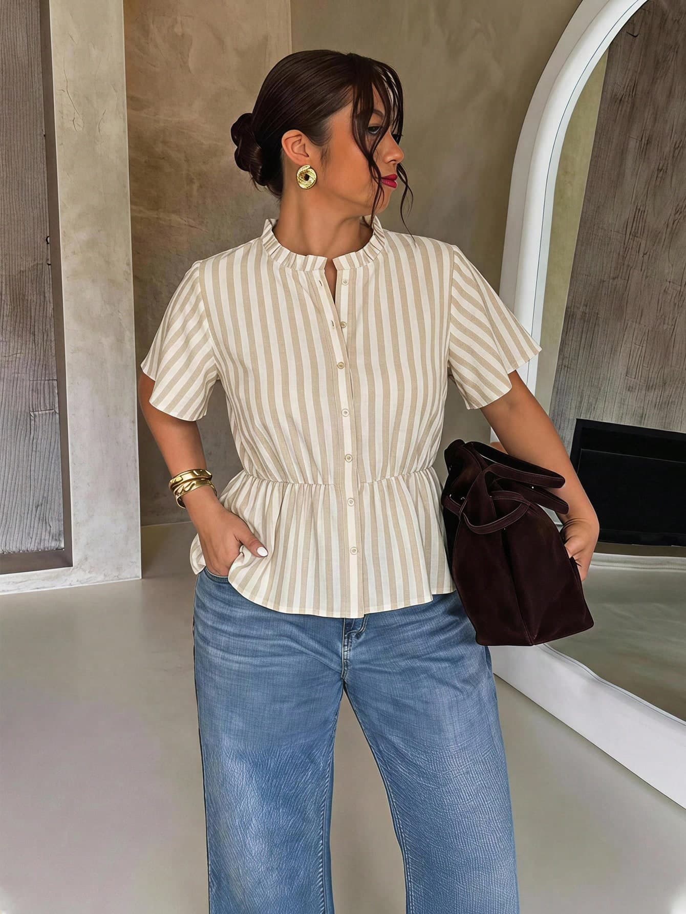 Firerie Plus Size Women's Striped Casual Versatile Everyday Shirt