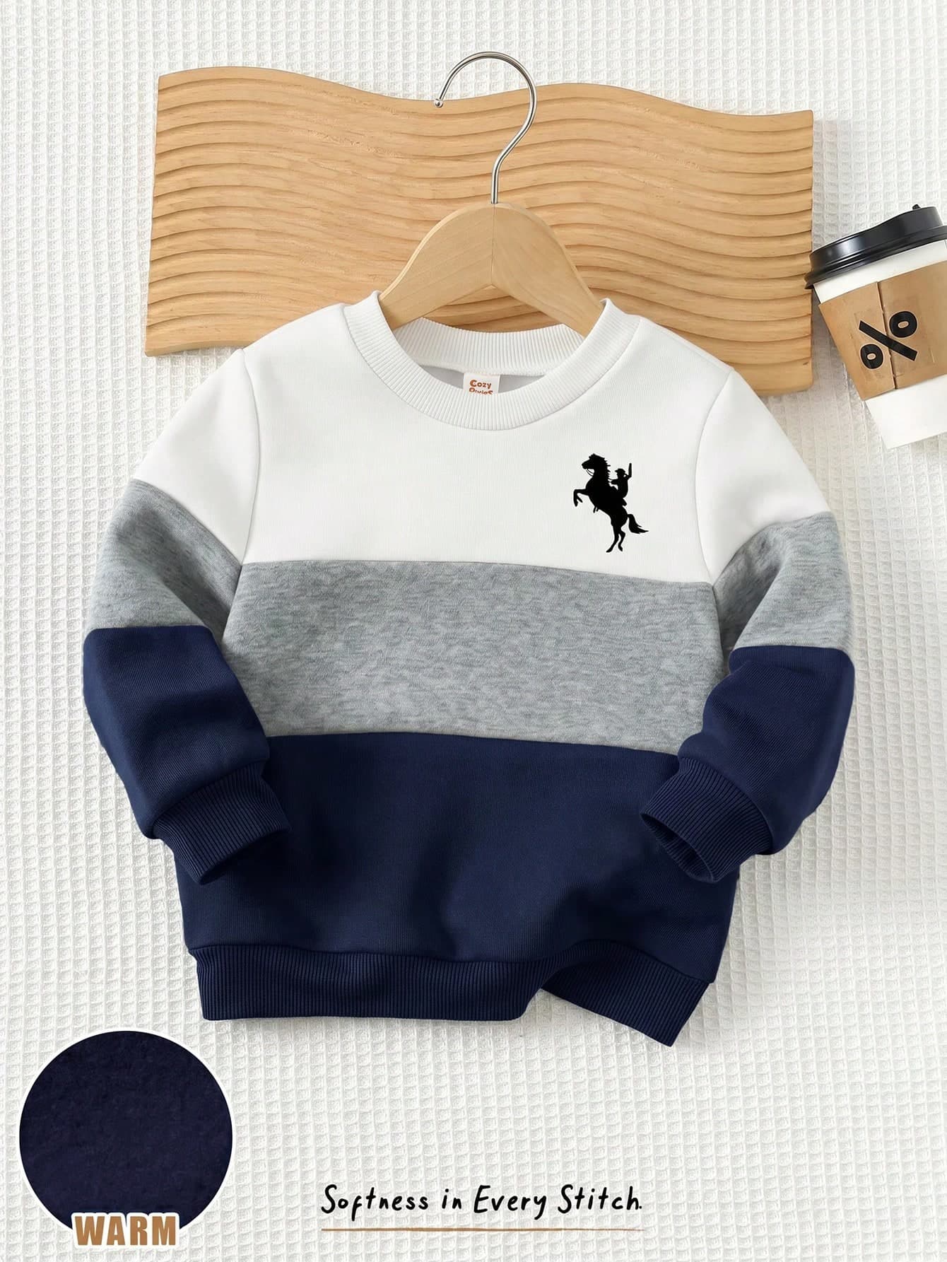 Cozy Pixies Kids Baby Boy Contrast Color Crew Neck Long Sleeve Pullover Sweatshirt, Versatile Comfortable In Autumn/ School