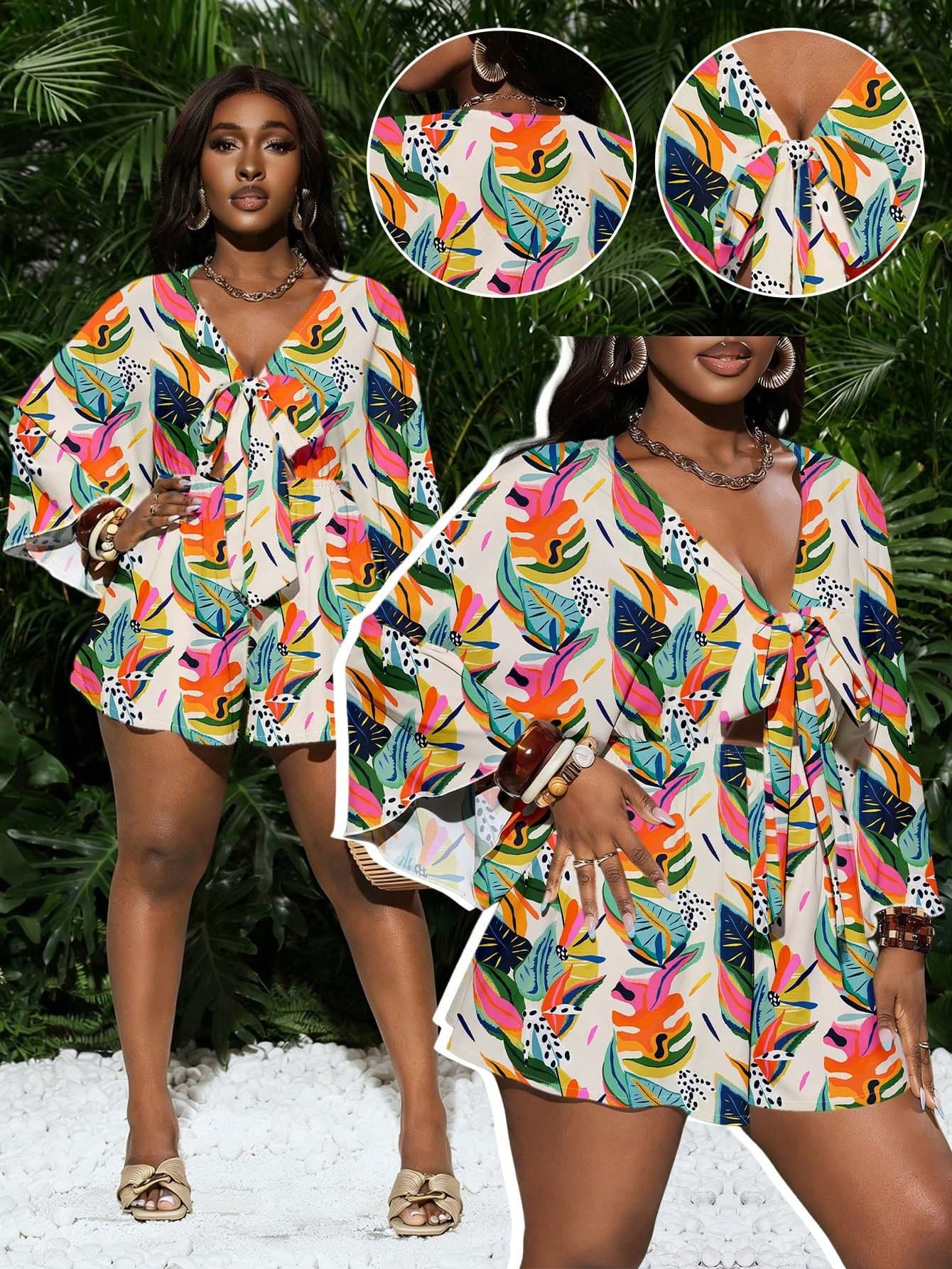 SHEIN CURVE+ Plus Size Women's Printed Vacation Jumpsuit, Suitable For Summer Women's Vacation Sets, Women's Summer Sets, Women's Tops And Shirts, Women's Shirts, Women's Casual Modern Beach Shirts, Suitable For Beach Vacations