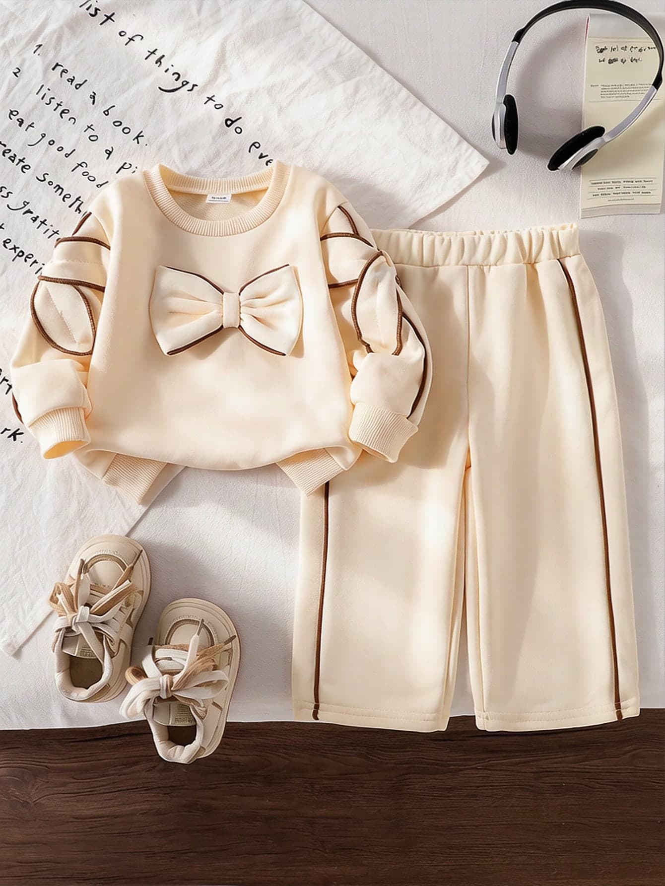 SHEIN Playful Pals Baby Girl Sweet Bow 2-Piece Set, Beige & Apricot Color Block Striped Crew Neck Sweatshirt + Side Stripe Wide Leg Pants, Preppy Casual Outfit, Spring/Autumn Skin-Friendly Soft & Comfortable, 3D Bow Design, Perfect For Daily Wear, School, Outings And Photos, Mom-Favorite Gentle Style Kids Clothing, Clean And Versatile Look