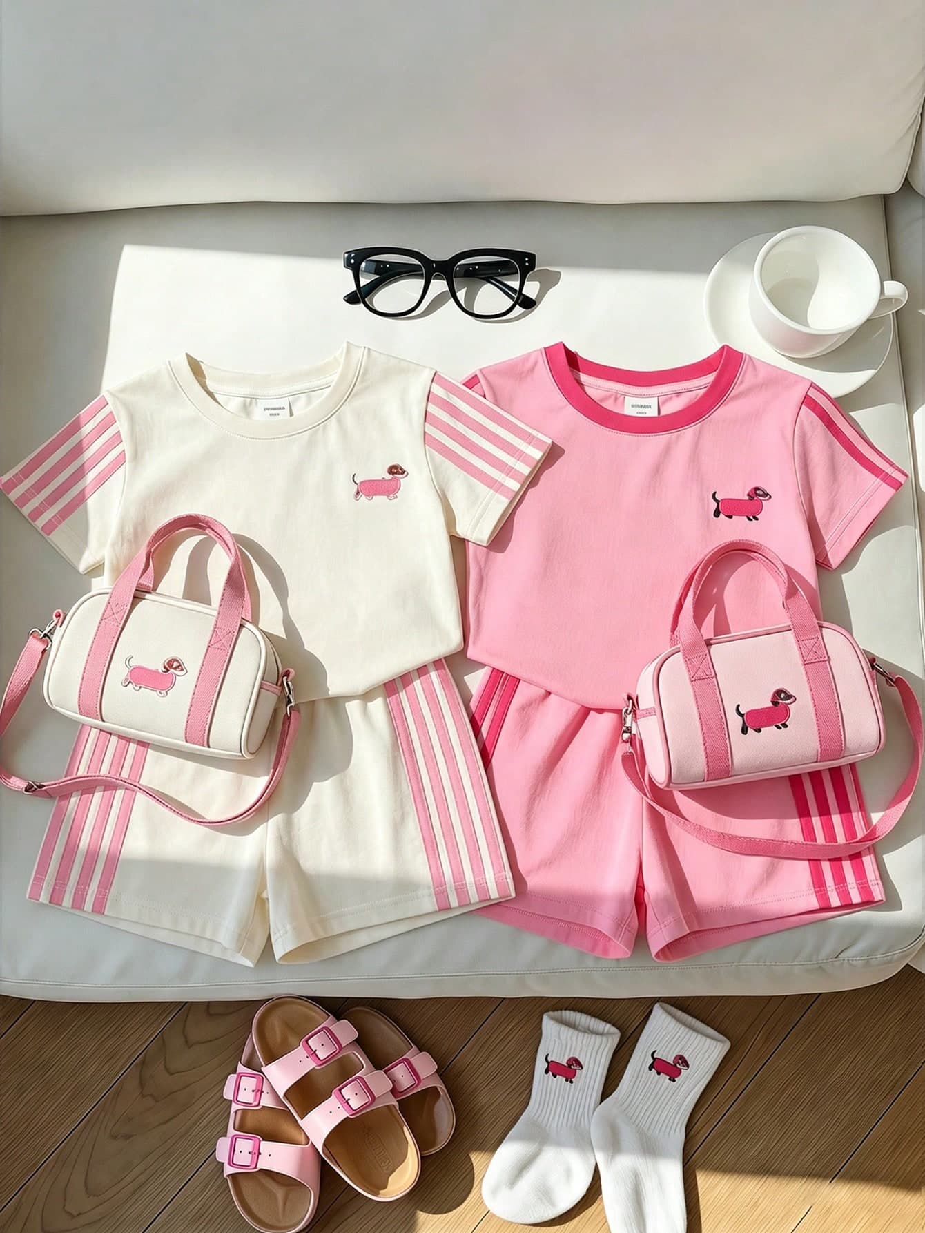 Cute Vintage Mini Dachshund Embroidery Pattern, Striped Color Block, Young Girl Casual Minimalist Short Sleeve T-Shirt And Shorts 2-Piece Set, Suitable For Summer, Homecoming, Back To School, Kids' Campus Chic