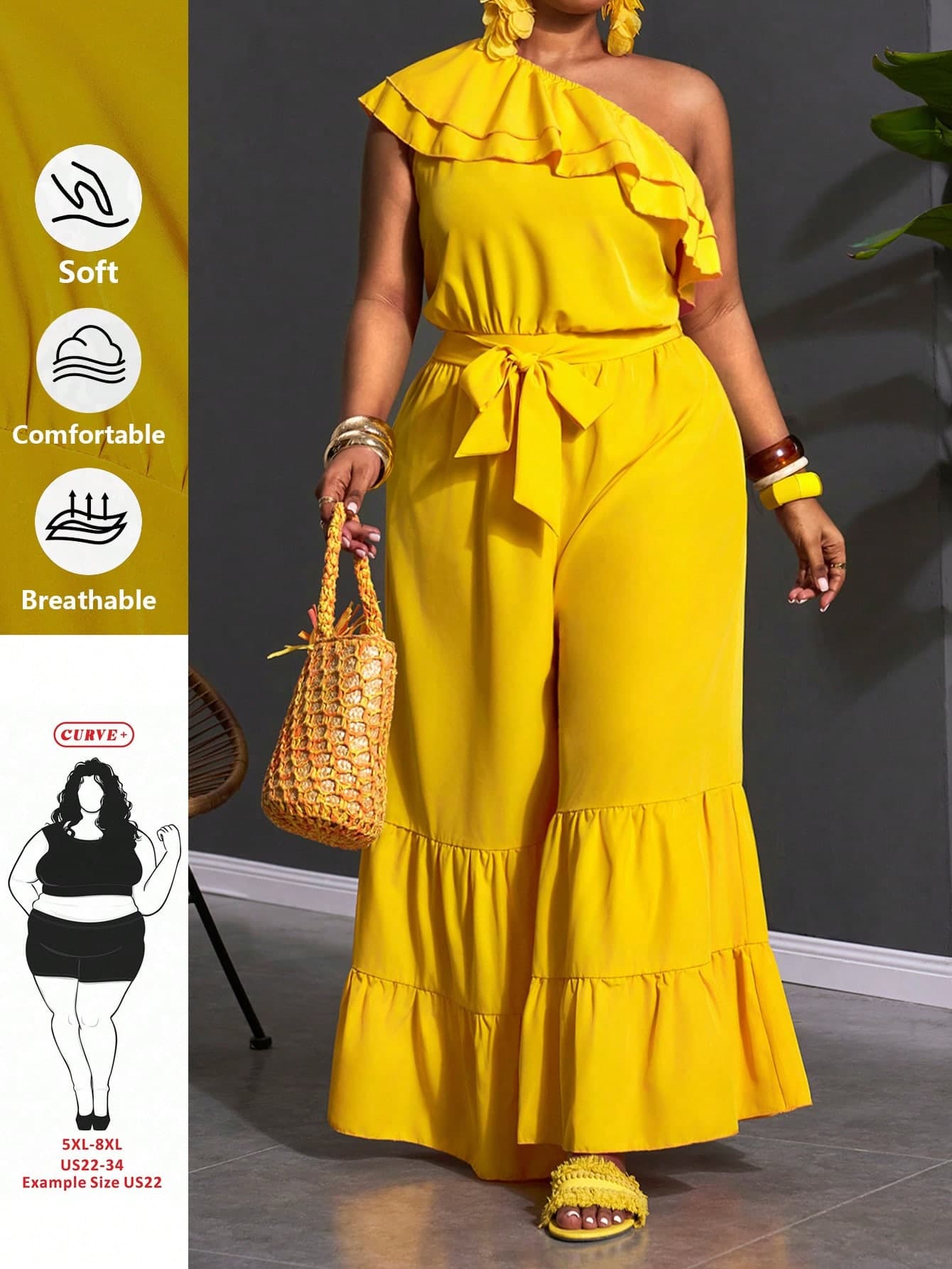 SHEIN CURVE+ Plus Size Women's Spring And Summer New Elegant Vacation Beach Evening Island Bohemian Light Yellow Sleeveless Single Shoulder Jumpsuit Set Dress