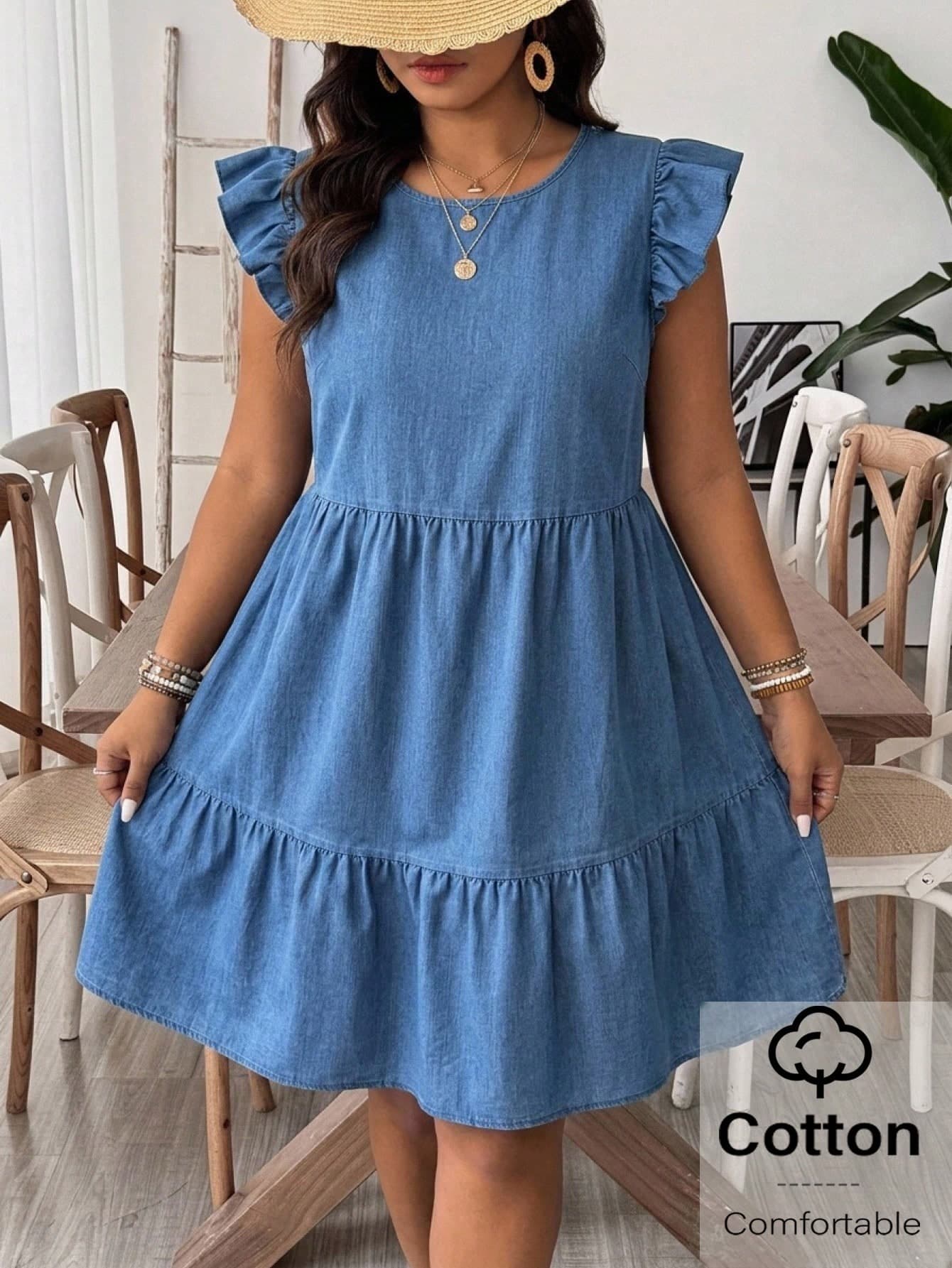 SHEIN VCAY Women's Boho Casual Style Navy Blue Denim-Like Textured Short Sleeve Dress - Crewneck Flutter Sleeve High Waist Tiered Loose Babydoll Mini Dress