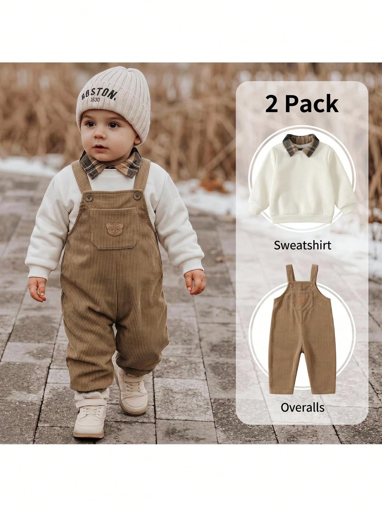 Loomiva Baby Boy Colorblock Lapel Long Sleeve Pullover Sweatshirt & Overalls Two Pieces Set, Versatile And Comfortable