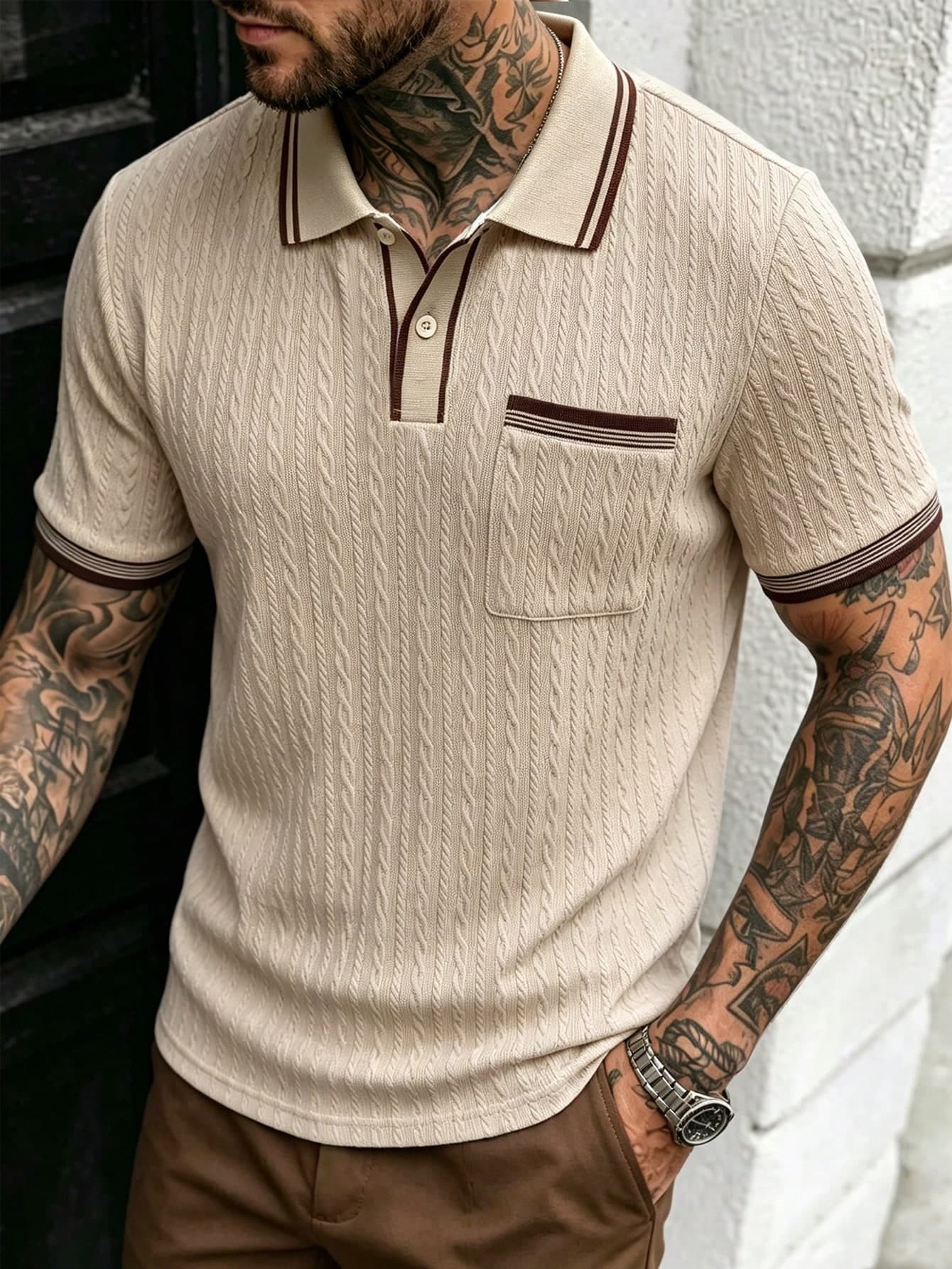 Manfinity CasualCool Men's Striped Short Sleeve Casual Commuter Polo Shirt