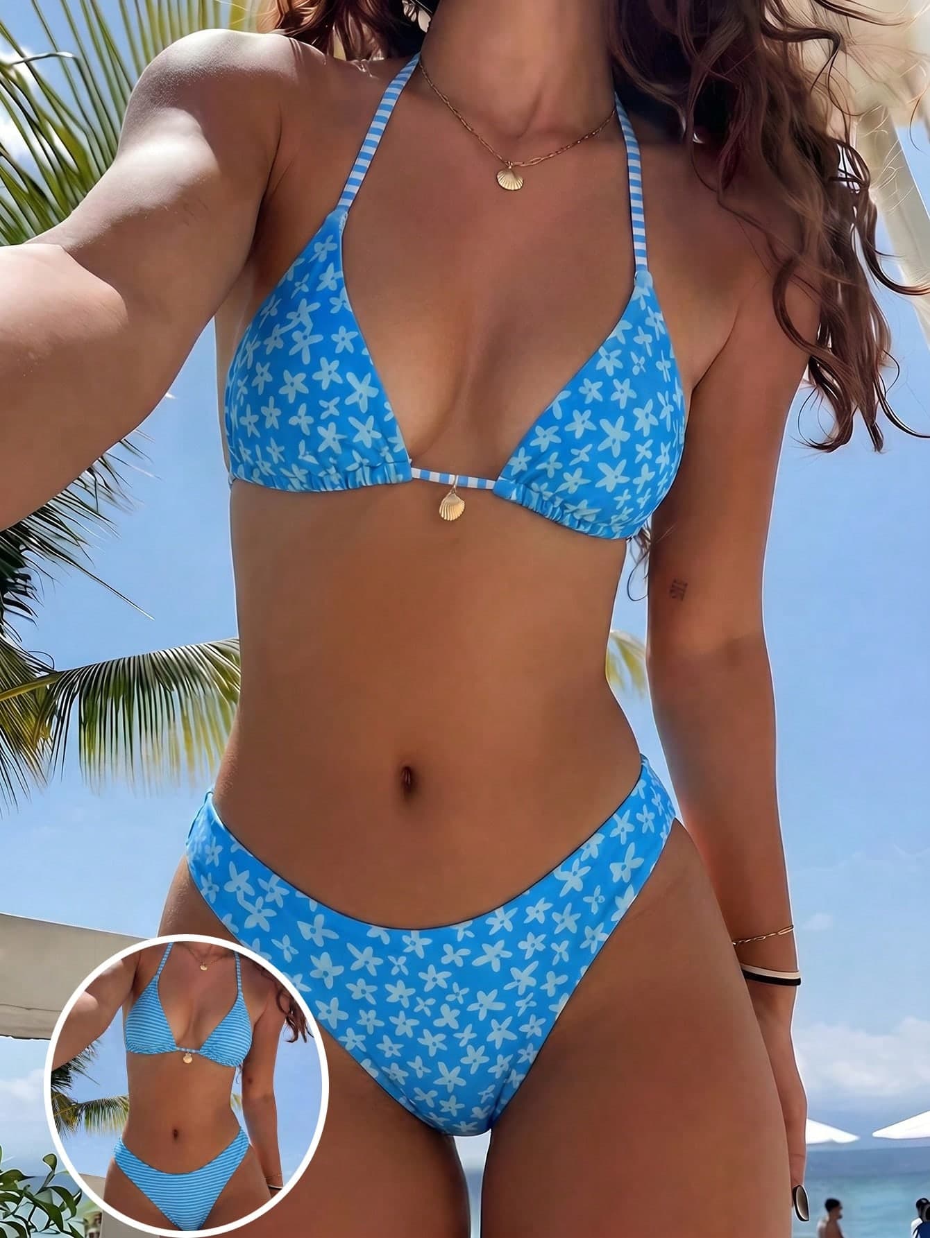Swim Mod Spring/Summer Fashion Girls Vacation Reversible Floral & Striped Print Sexy Influencer Beach Bikini Set