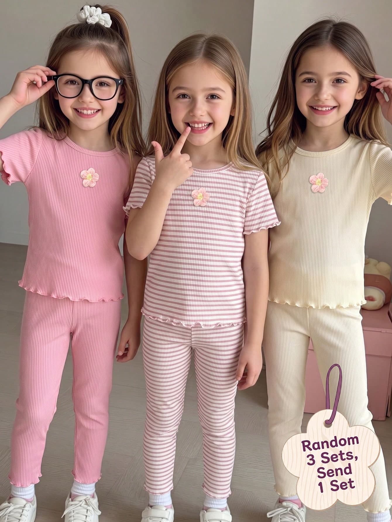 Elladie kids [1 Set Random]2pcs/Set Girls Sweet Striped Floral T-Shirt & Leggings Set, 3D Floral Striped Solid Color Ruffle Short Sleeve T-Shirt & Ruffle Leggings, Soft Fashion Sweet Cute Versatile Style