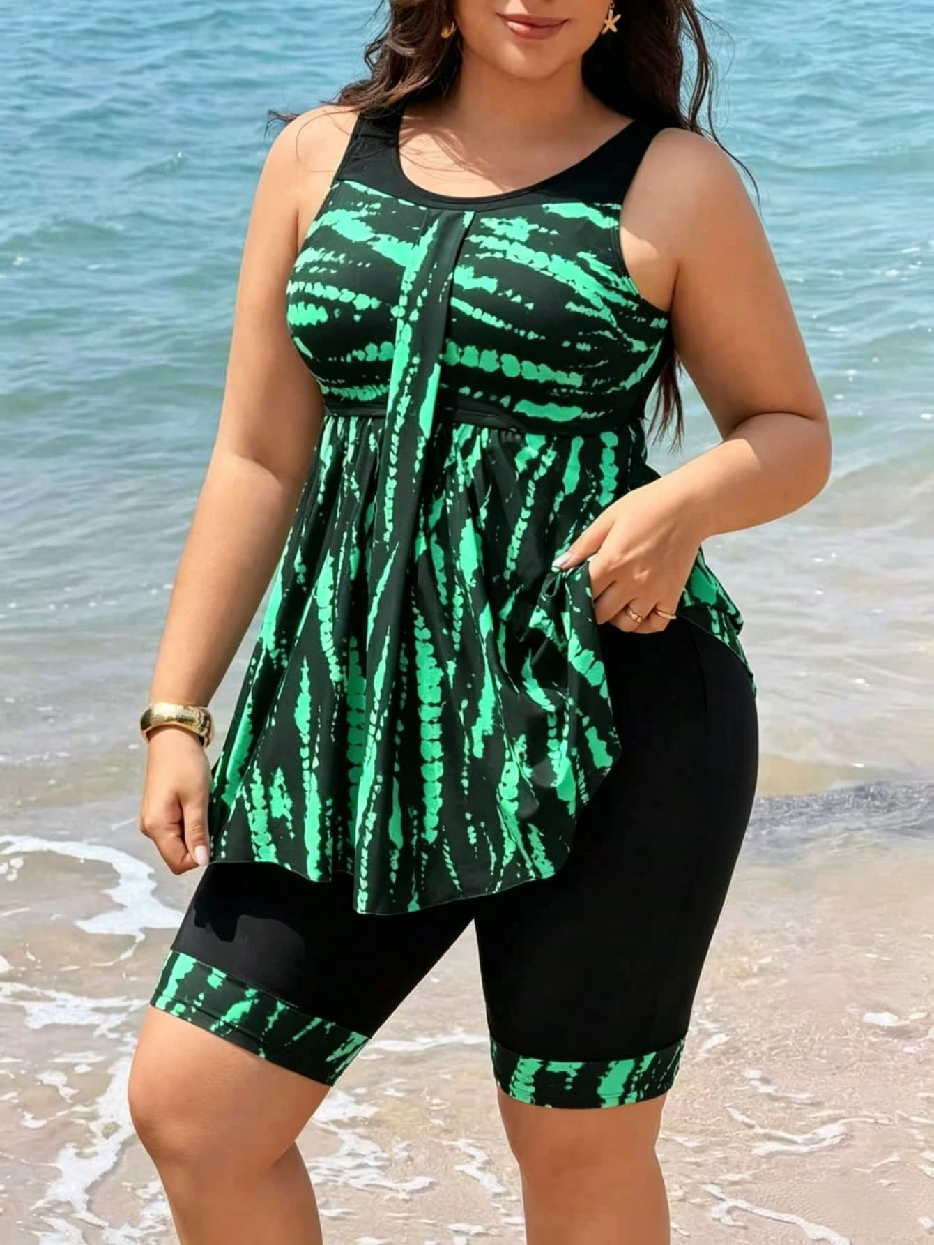 Swim Lushoire 2026 New Women's Plus Size Two Pieces Tankini Tankini Set, Tank Top & Skirt, Conservative Half-Skirt, Solid Black With Digital Print, Beach Party Vacation Swimwear