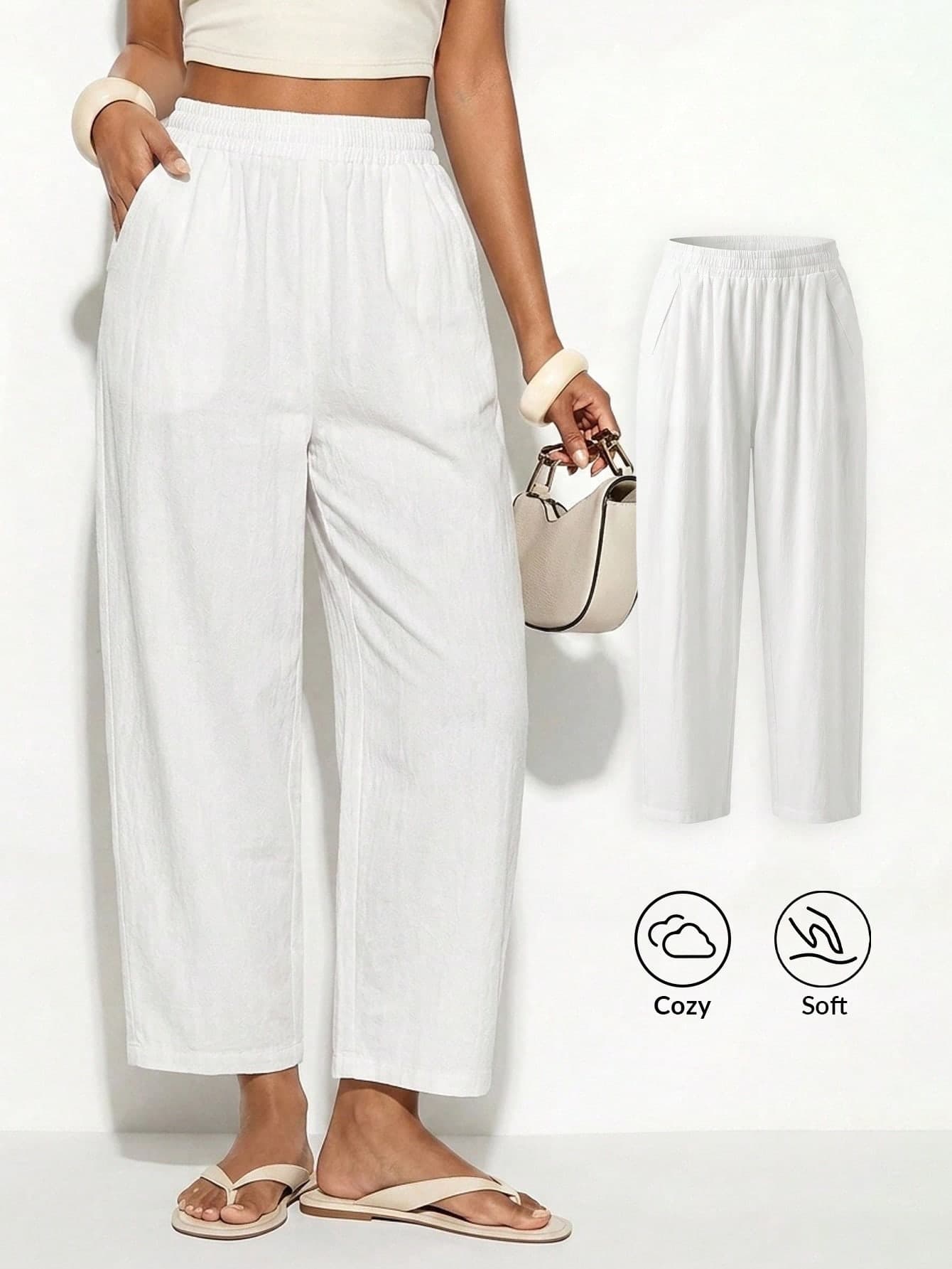 SHEIN PETITE CURVE CURVE Plus Size Women's White Cotton Wide Leg Pants, Autumn Basic Smart Casual Pocket Straight Trousers, High-Waisted Holiday Formal Bussines Vacation