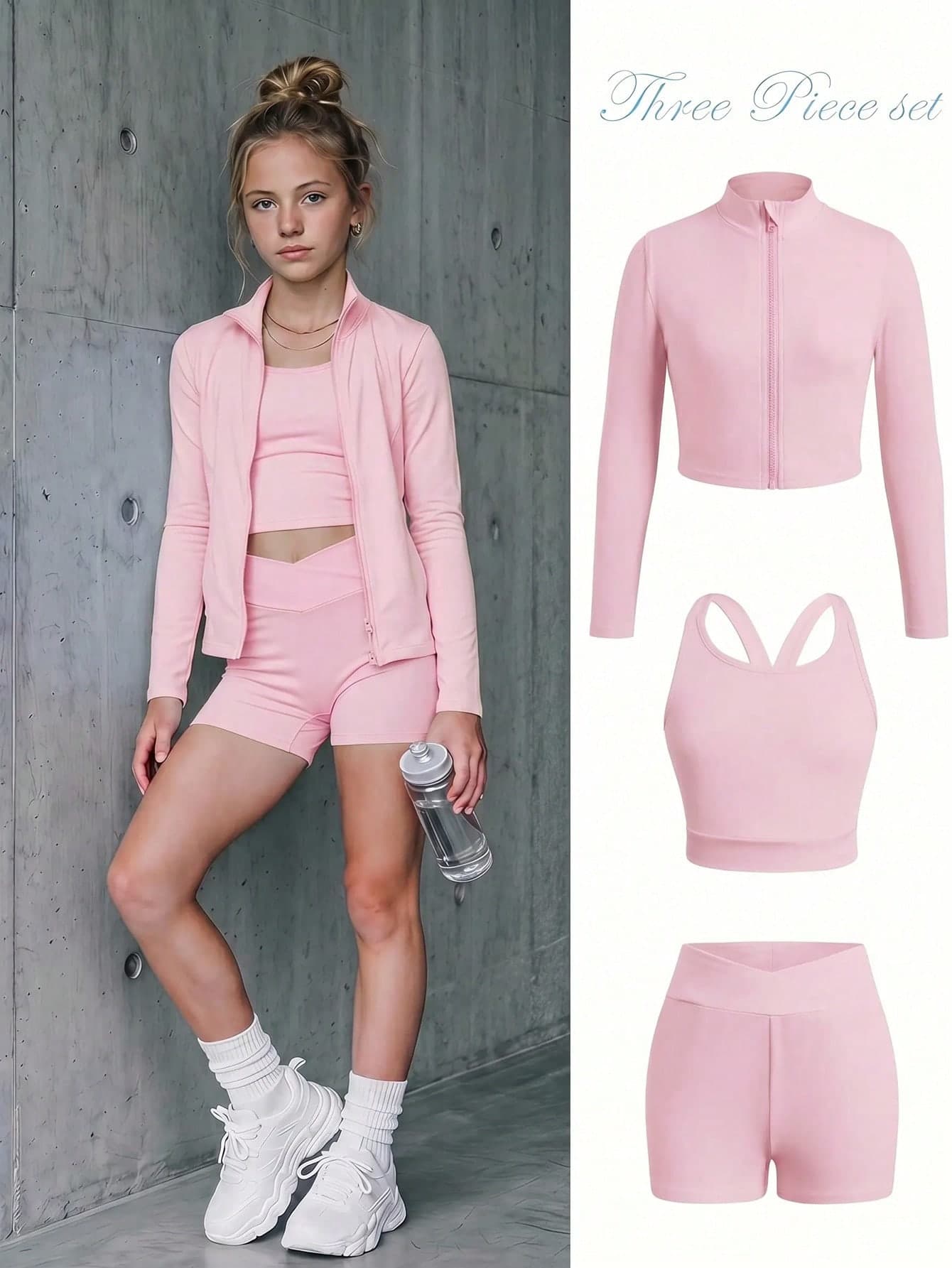 SHEIN Tween Girl Tween Girl Tween Girl Activewear Pink Knit Long Sleeve Stand Collar Zip-Up Jacket Vest Leggings 3 Pieces Set