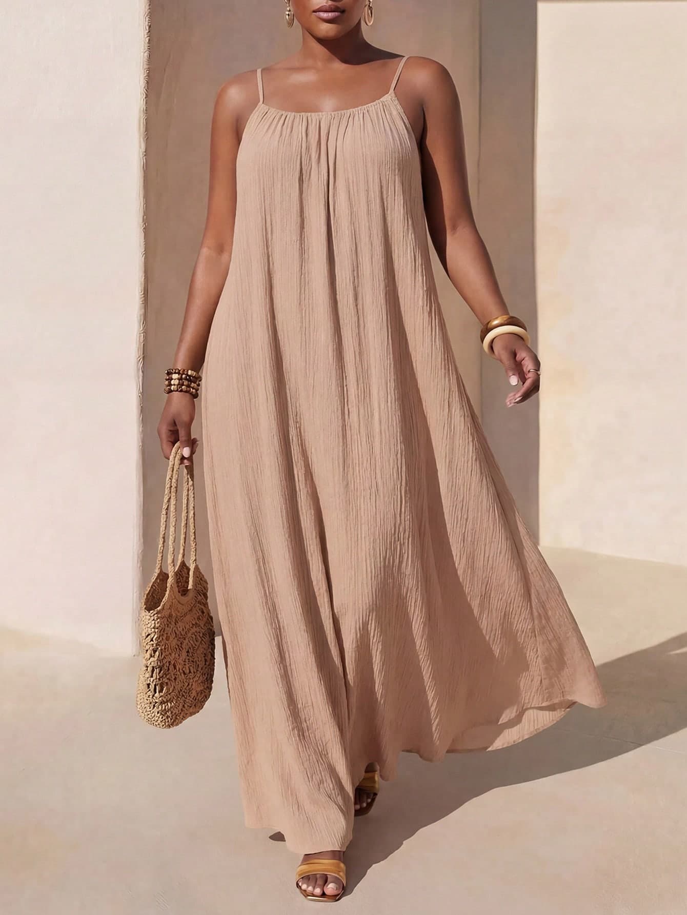 Zivah Plus Size Women Solid Color Pleated Slip Maxi Casual Dress,Flowy Dress